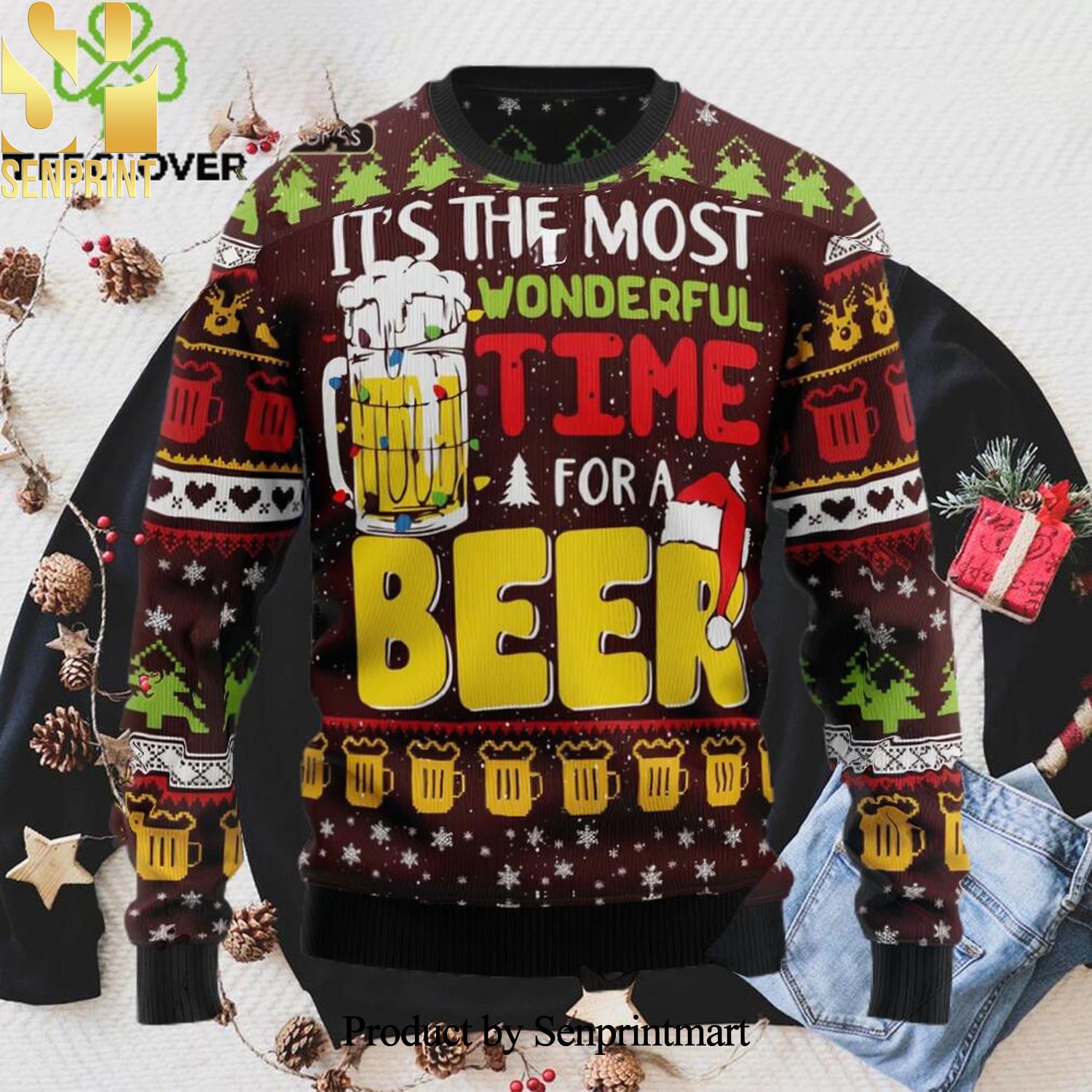 Christmas Wonderful Time For A Beer Xmas Ugly Christmas Holiday Sweater