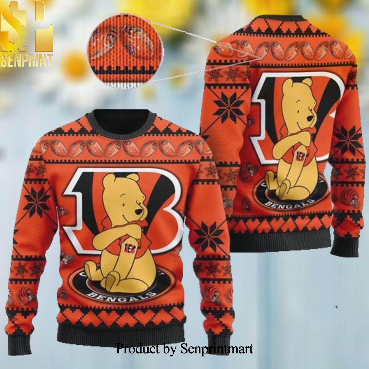 Cincinnati Bengals NFL American Football Team Logo Cute Winnie The Pooh Bear Ugly Xmas Wool Knitted Sweater