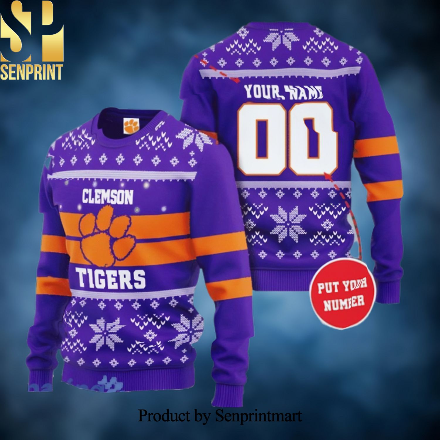 Clemson Tigers Custom Name and Number Ugly Christmas Sweater