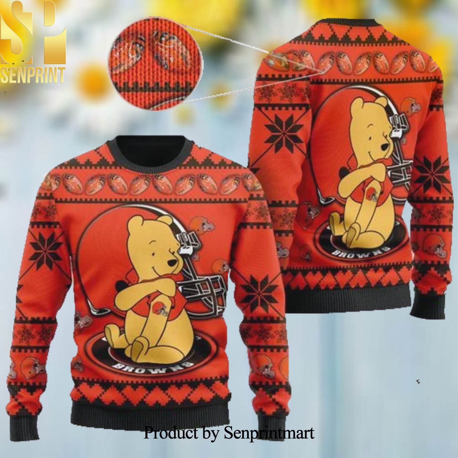 Cleveland Browns NFL American Football Team Logo Cute Winnie The Pooh Bear Ugly Christmas Holiday Sweater