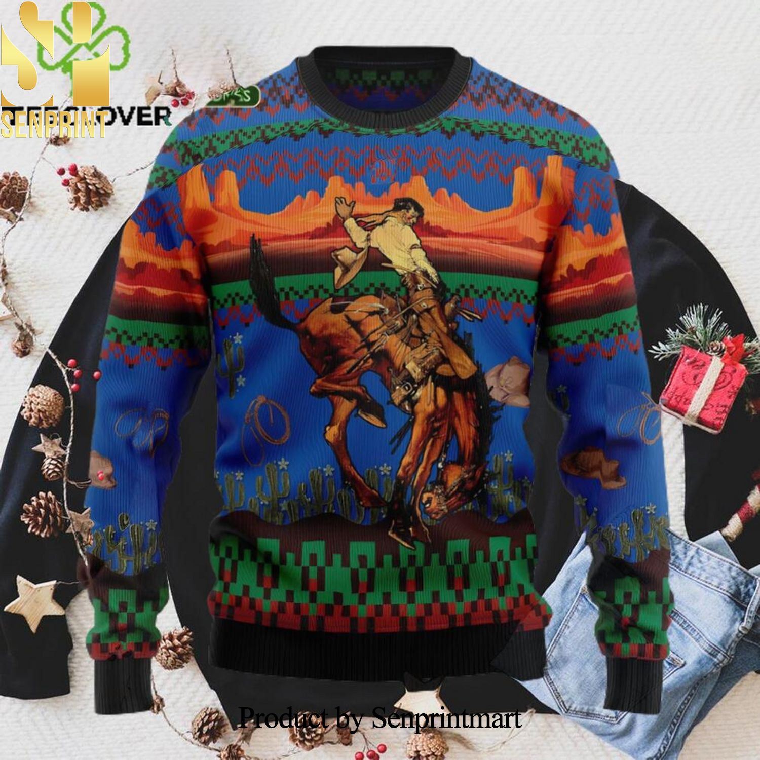 Cowboy Desert Ugly Christmas Wool Knitted Sweater