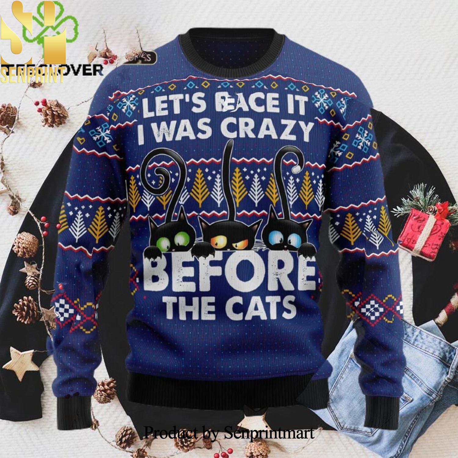 Crazy Cat Lets Face It I Was Crazy Before The Cat Christmas Ugly Wool Knitted Sweater