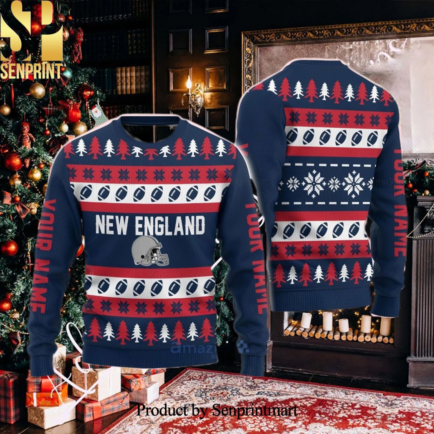 Custom Name New England Christmas Gift Ugly Christmas Holiday Sweater
