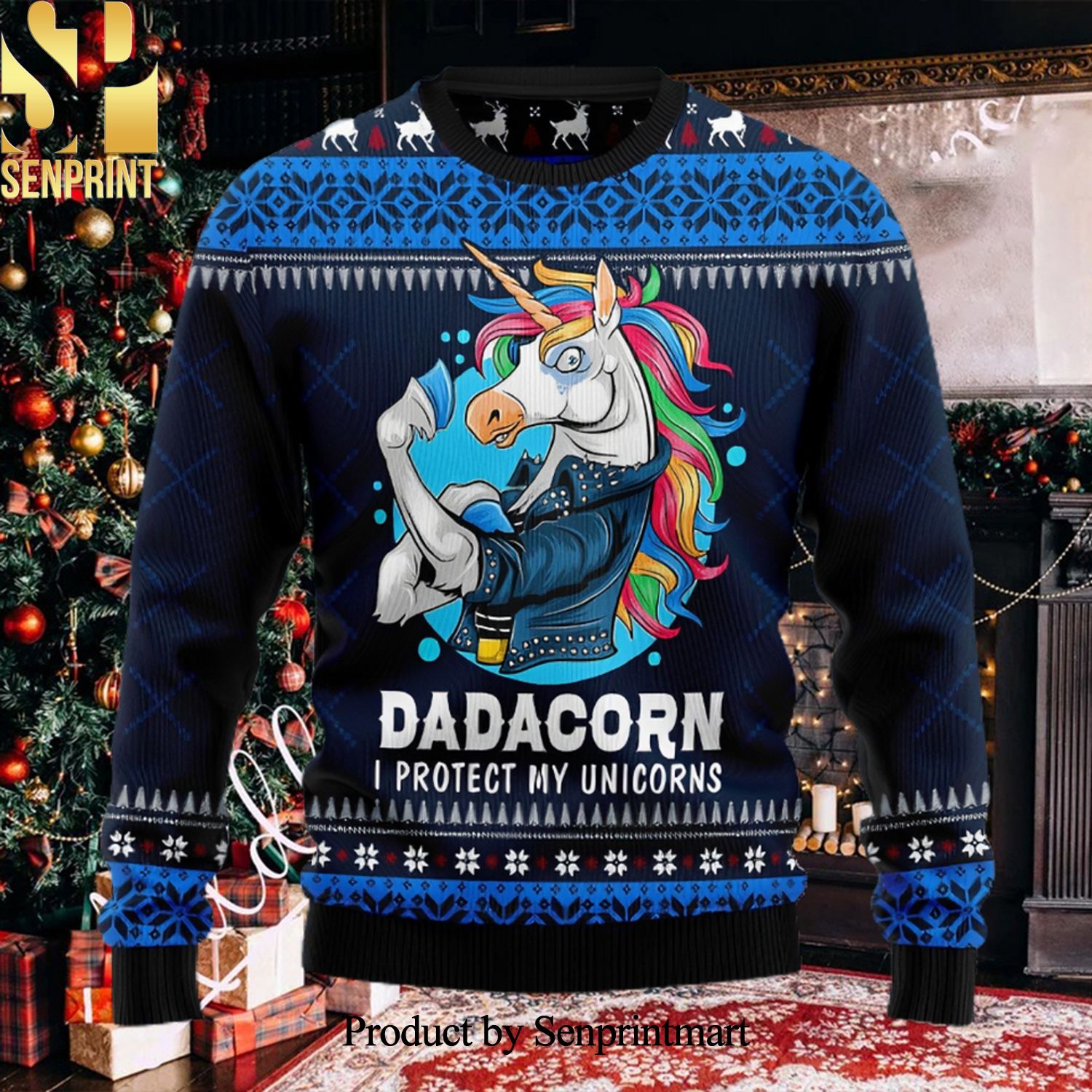 Dadacorn Protector Of My Unicorns Lover Christmas Wool Knitted 3D Sweater