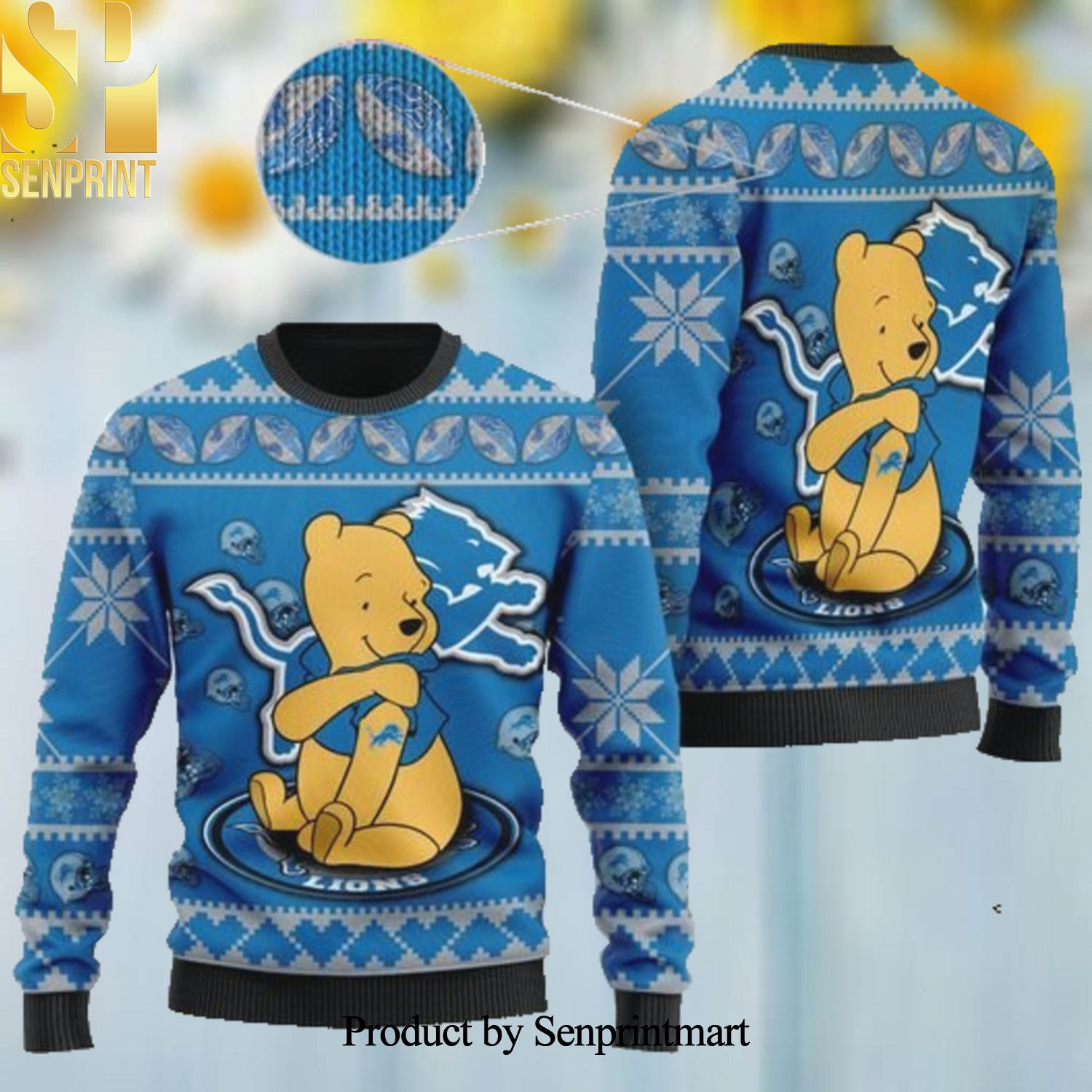 Detroit Lions NFL American Football Team Logo Cute Winnie The Pooh Bear Ugly Christmas Wool Knitted Sweater