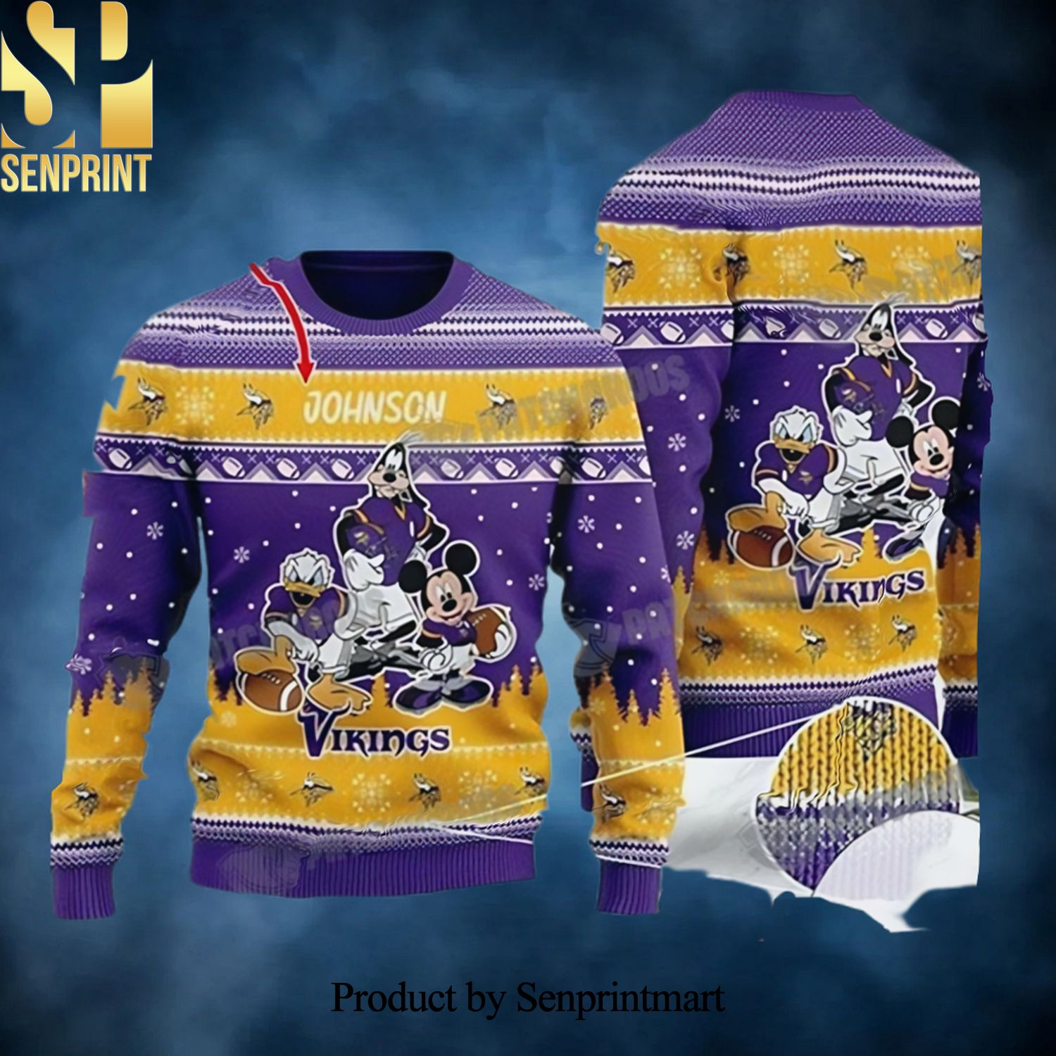 Disney Donald Duck Mickey Mouse Goofy Minnesota Vikings Personalized Christmas Ugly Christmas Wool Knitted Sweater