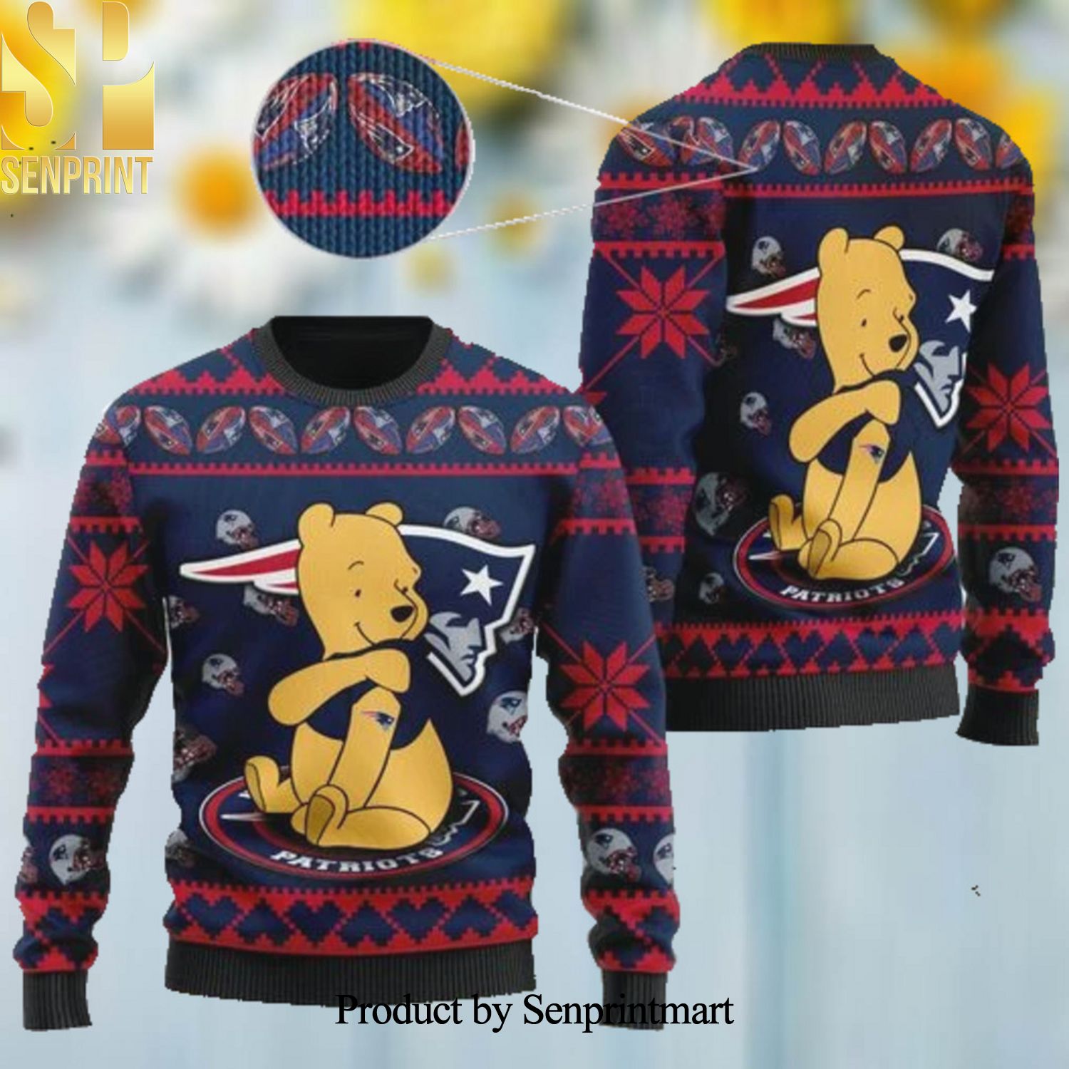 New England Patriots NFL American Football Team Logo Cute Winnie The Pooh Bear Christmas Ugly Wool Knitted Sweater