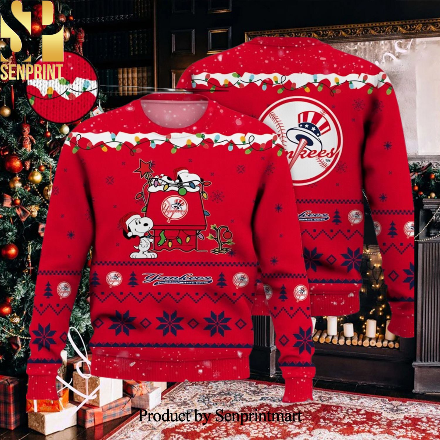 New York Yankees Snoopy Christmas Light Woodstock Snoopy Christmas Wool Knitted 3D Sweater