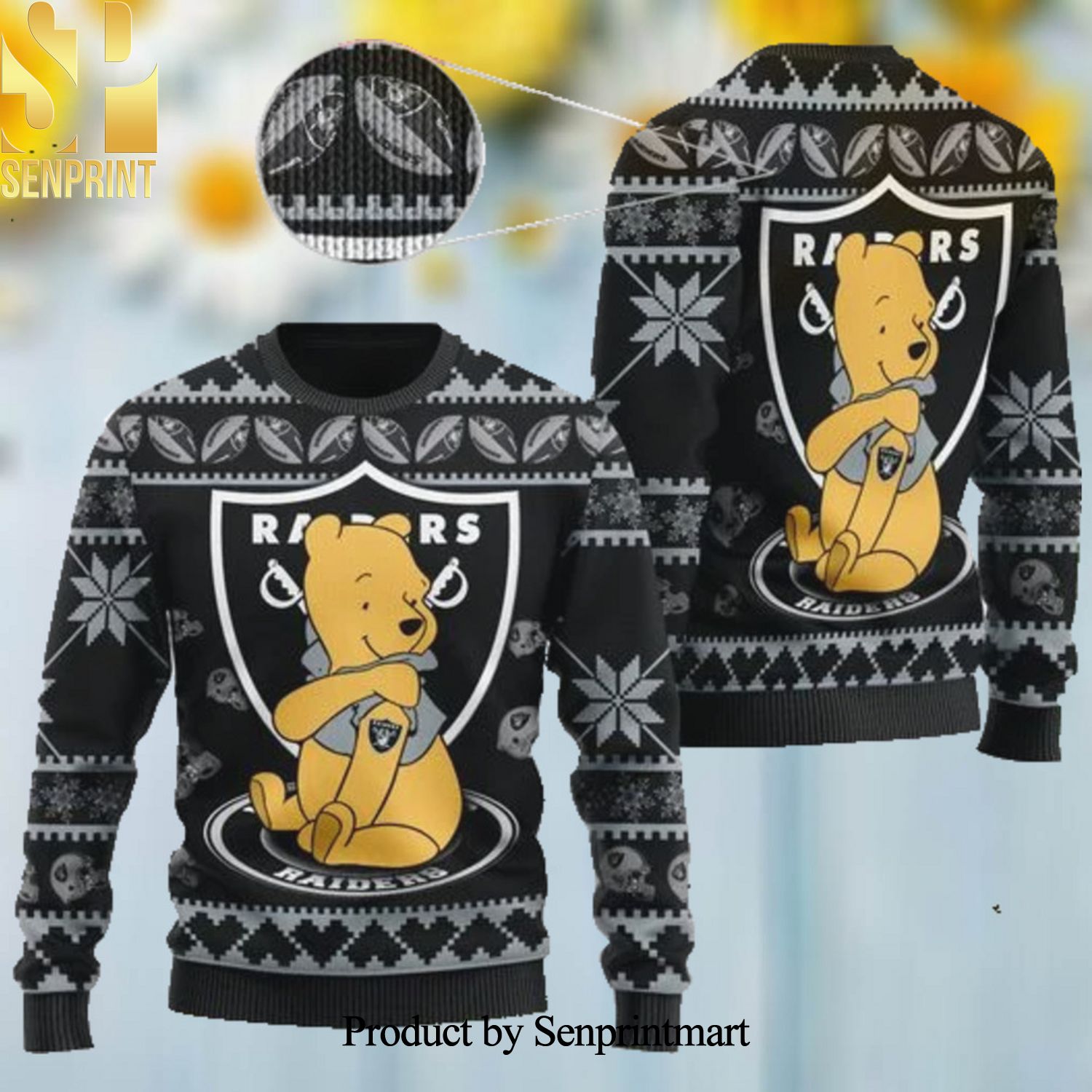 Oakland Raiders NFL American Football Team Logo Cute Winnie The Pooh Bear Ugly Christmas Wool Knitted Sweater