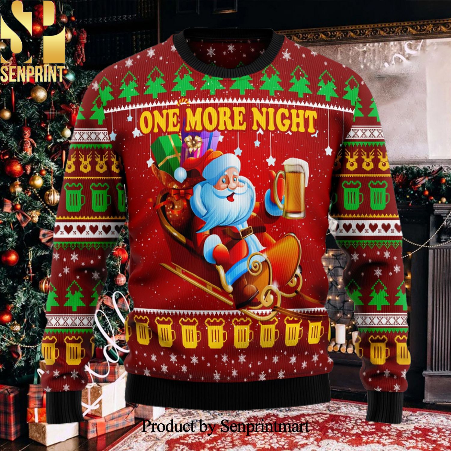 One More Night Santa Lover Beer Ugly Christmas Holiday Sweater