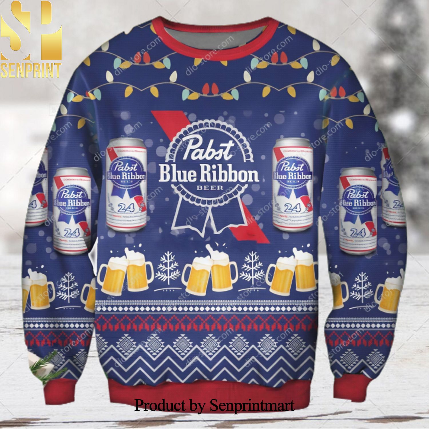 Pabst Blue Ribbon Beer Navy Ugly Xmas Wool Knitted Sweater