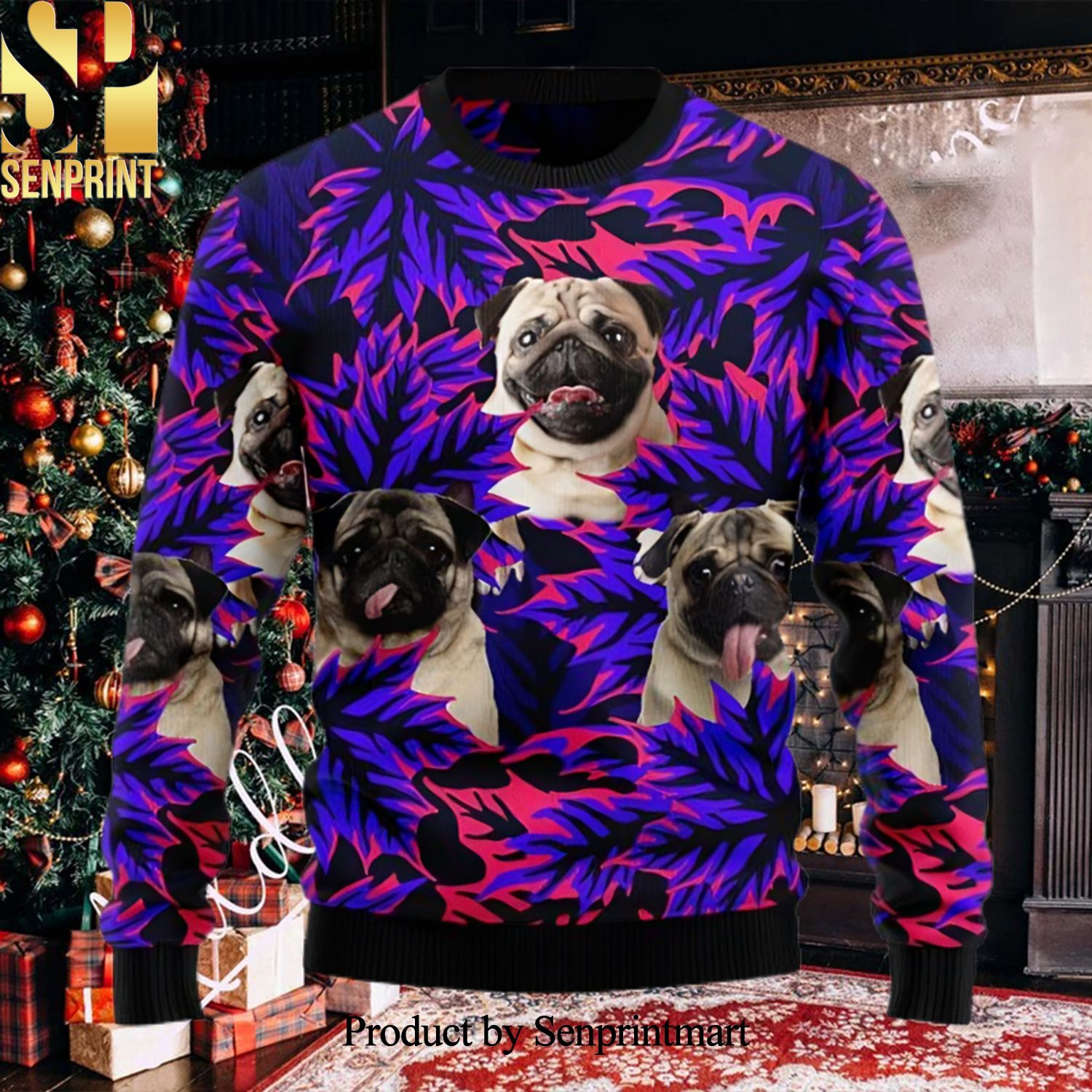 Pug Leaves Purple Ugly Xmas Wool Knitted Sweater
