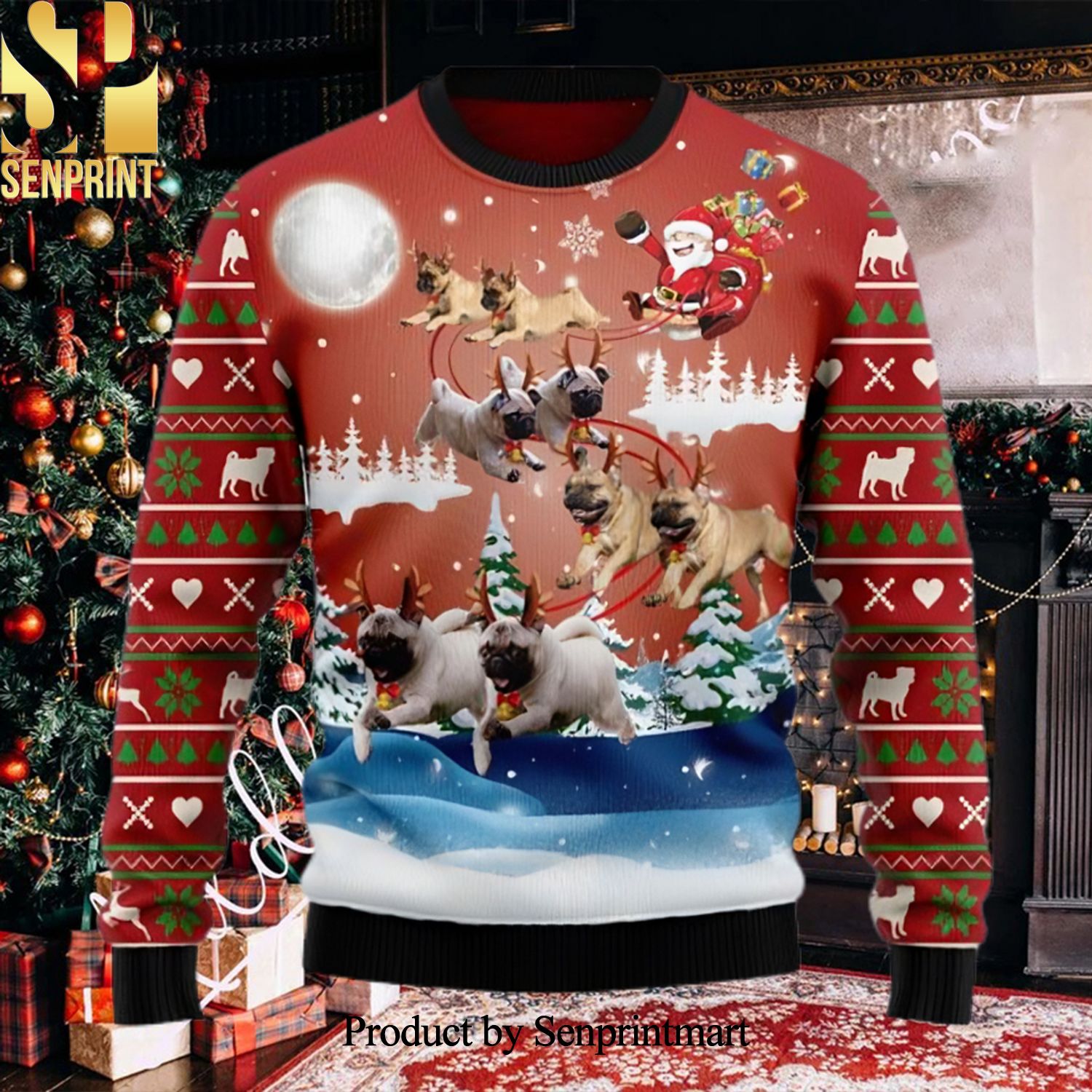 Pug Reindeer Funny Pug Ugly Christmas Holiday Sweater