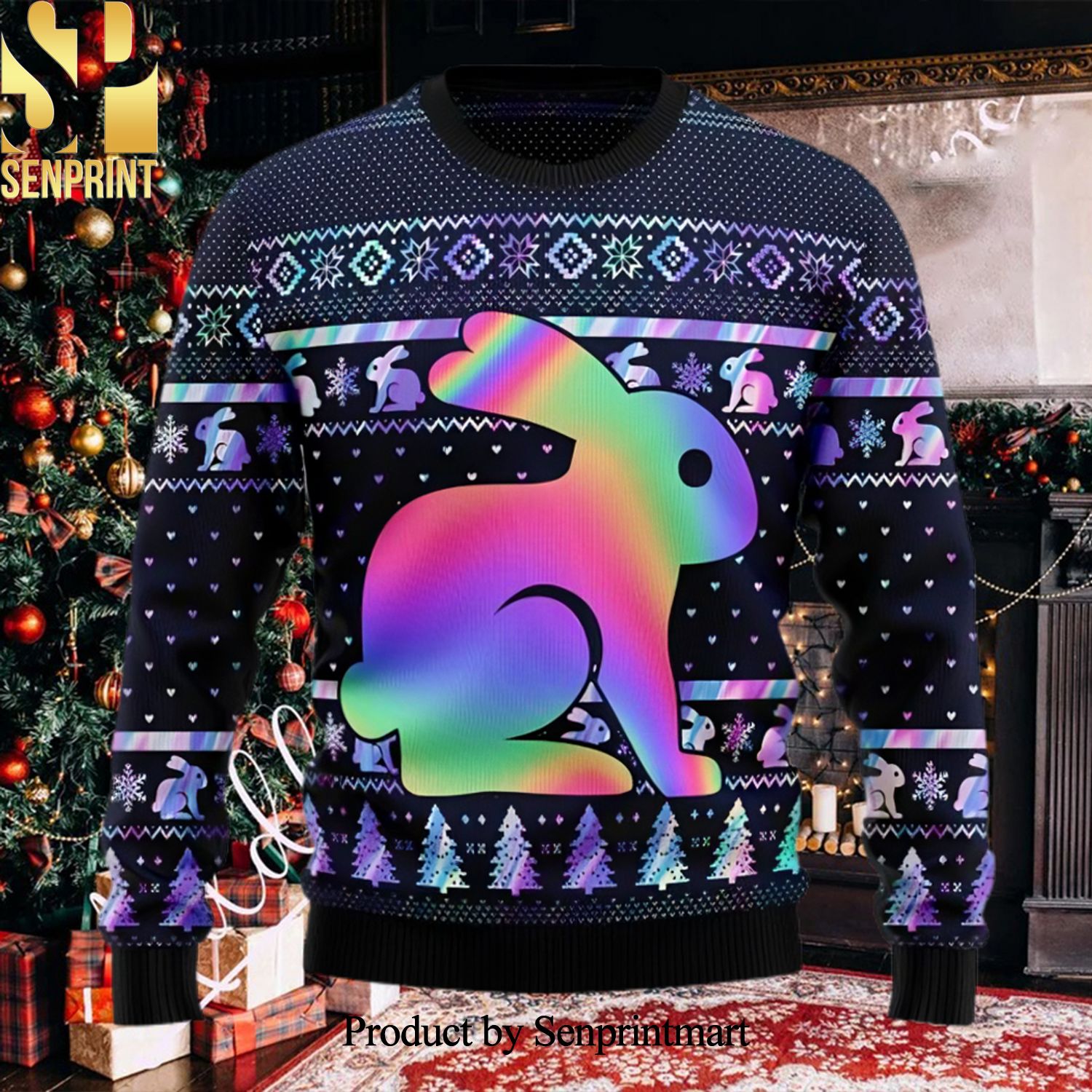 Rabbit Hologram Lover Colorful 3D Printed Ugly Christmas Sweater