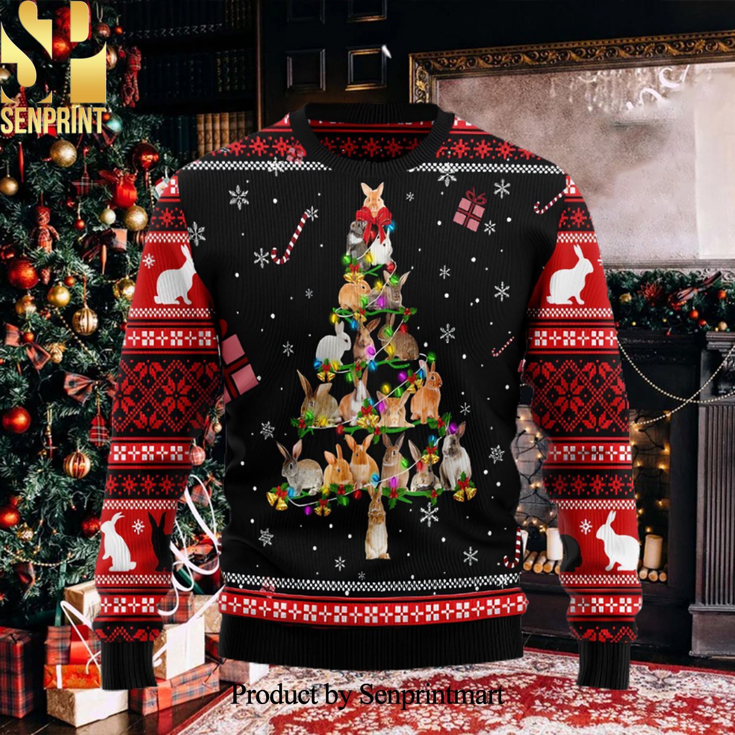 Rabbit Pine Christmas Tree All Over Print 3D Printed Ugly Christmas Sweater