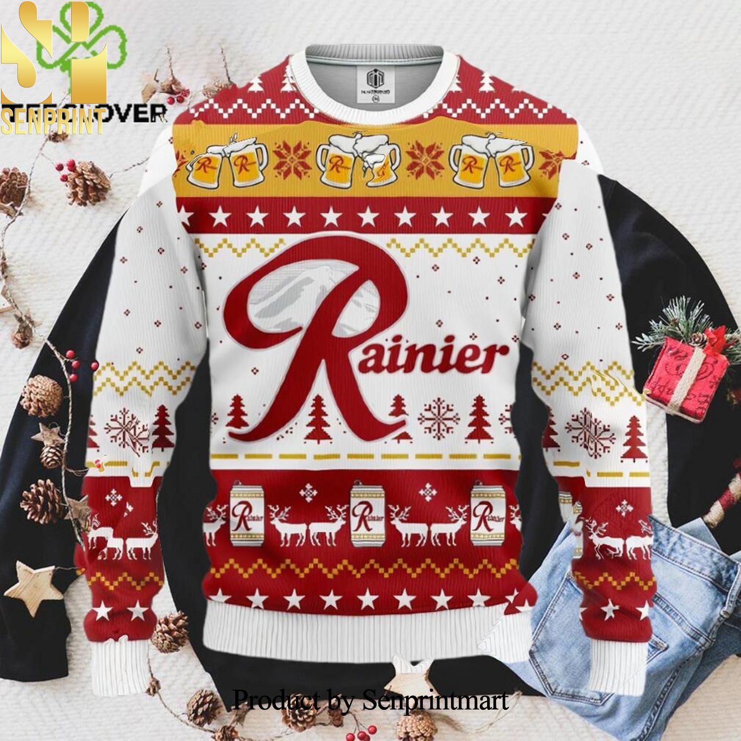 Rainier Beer Xmas Christmas Ugly Wool Knitted Sweater