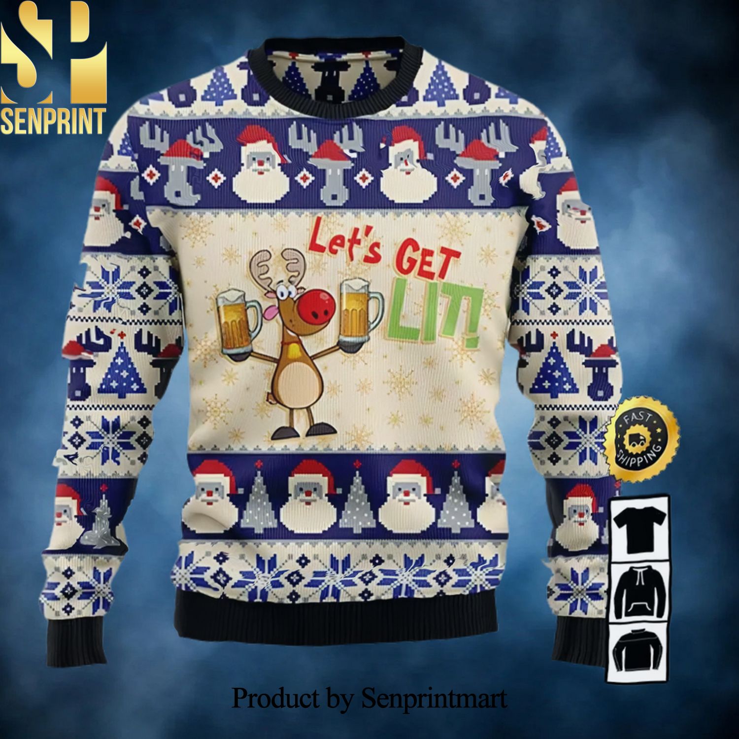 Reindeer Let’s Get Lit Beer International Beer Day Gifts For Beer Lovers Santa Claus Ugly Christmas Holiday Sweater