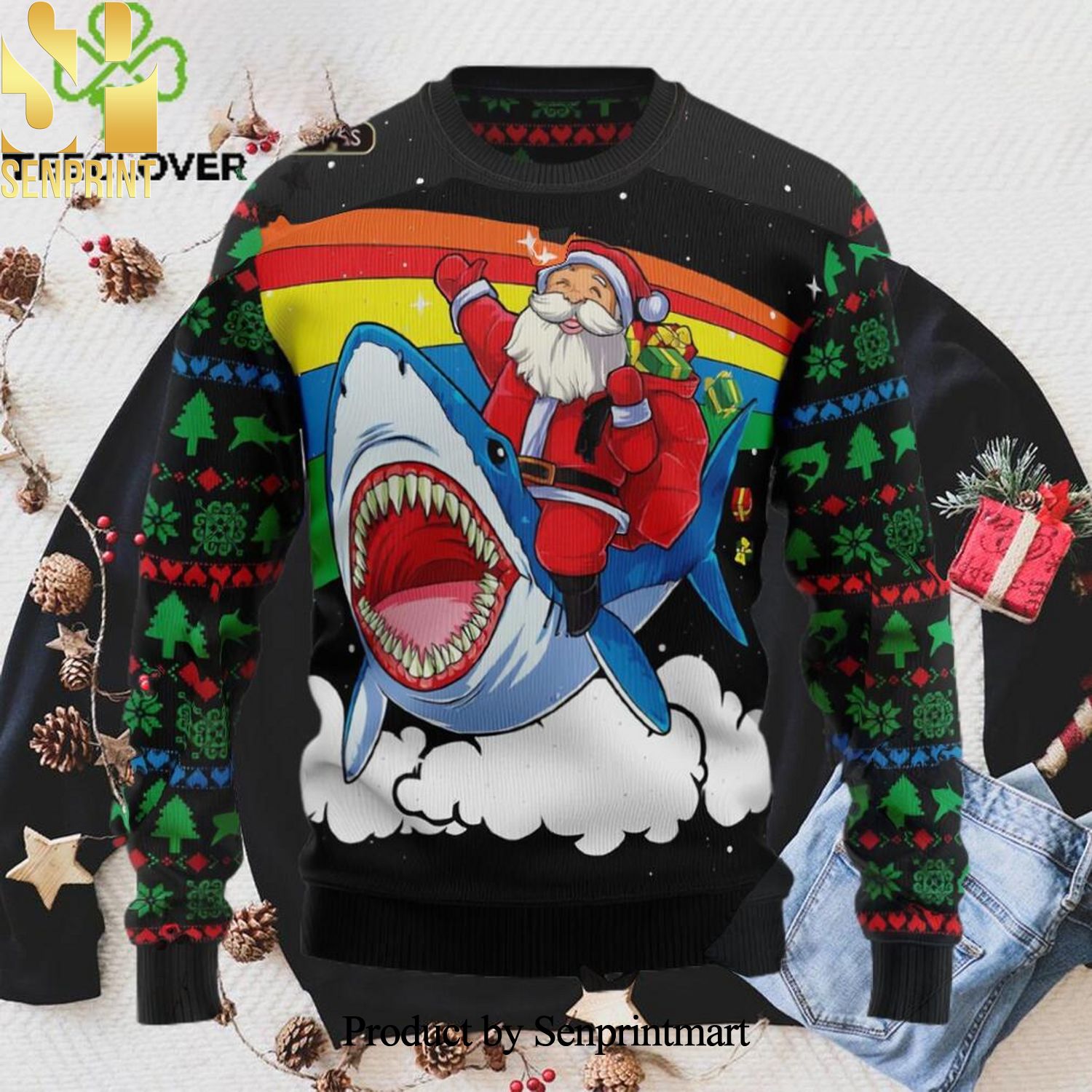 Santa Claus Riding Shark Xmas 3D Printed Ugly Christmas Sweater