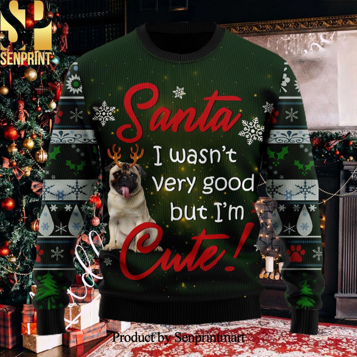 Santa Pug I Wasn’t Very Good But I’m Cute Ugly Xmas Wool Knitted Sweater