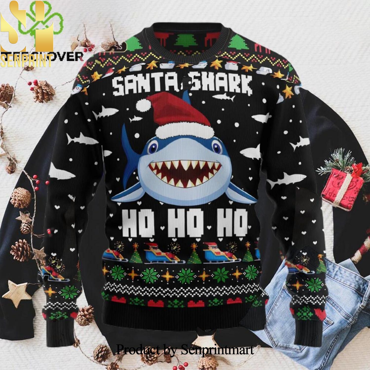 Santa Shark Ho Ho Ho Ugly Christmas Wool Knitted Sweater