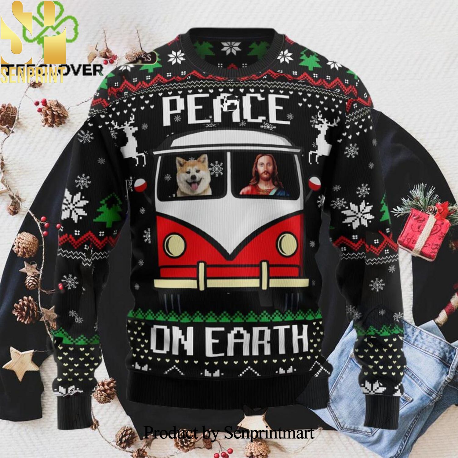Shiba Inu Peace Xmas Ugly Christmas Holiday Sweater