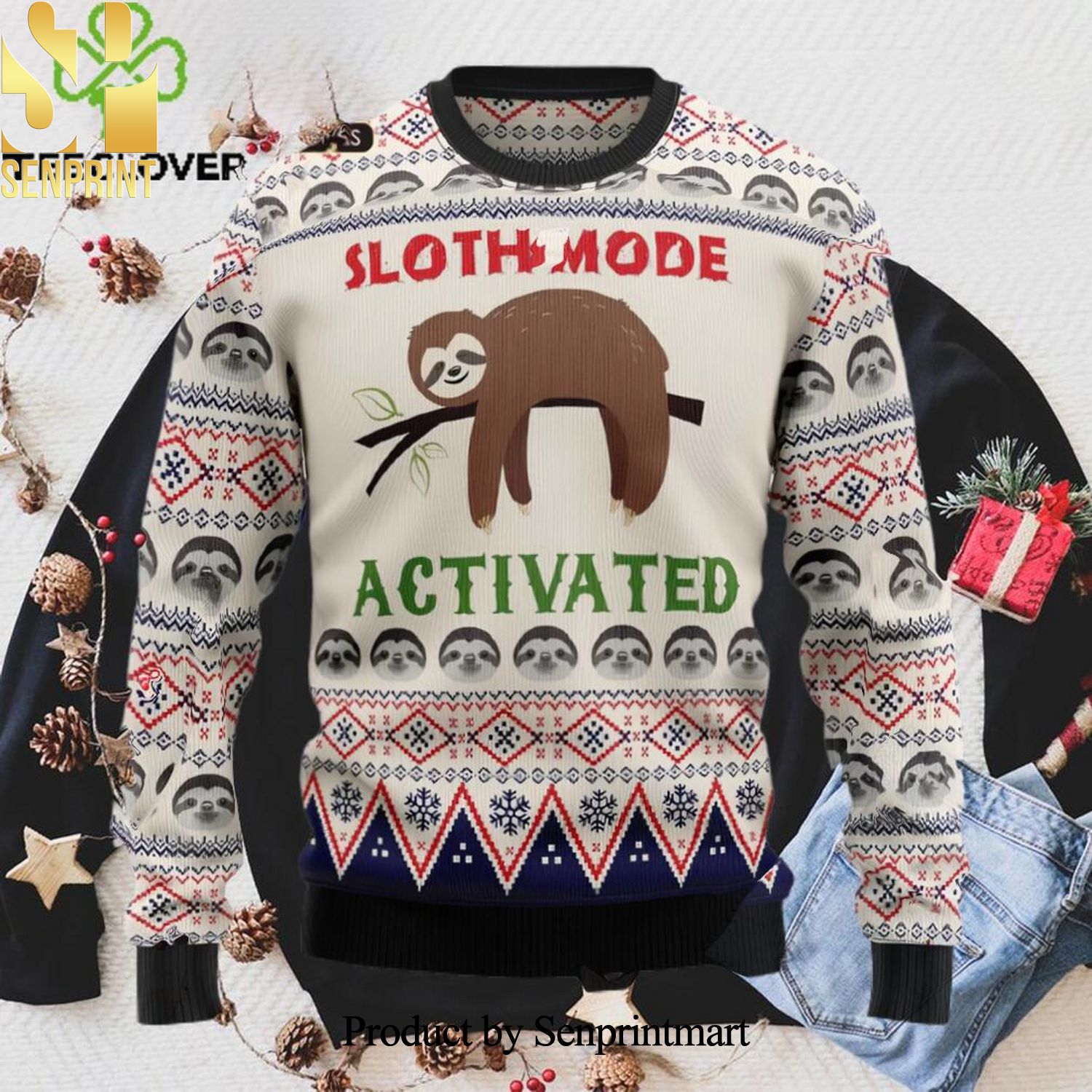 Sloth Mode Activated Xmas Christmas Ugly Wool Knitted Sweater