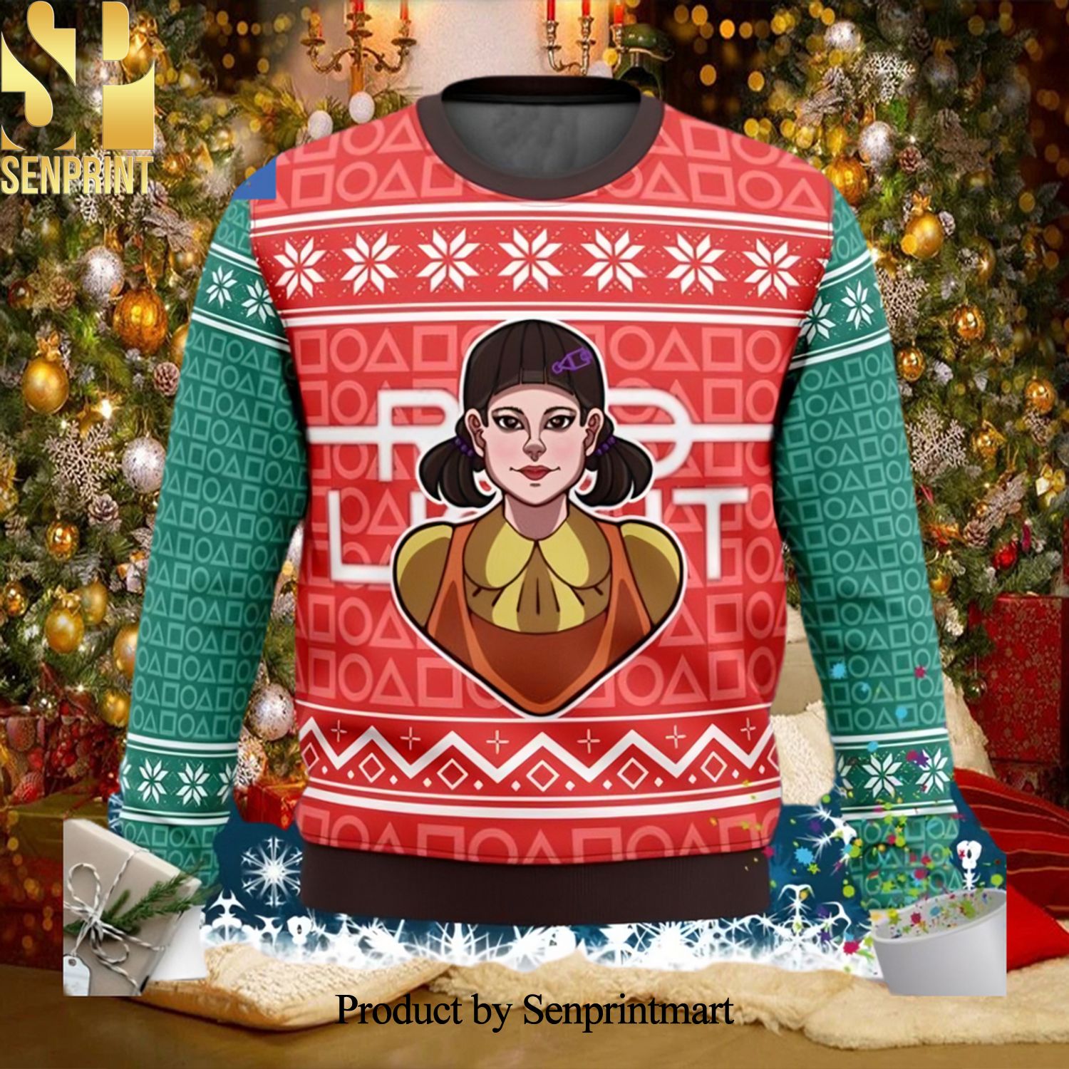 Squid Game Doll Red Light Ugly Christmas Holiday Sweater
