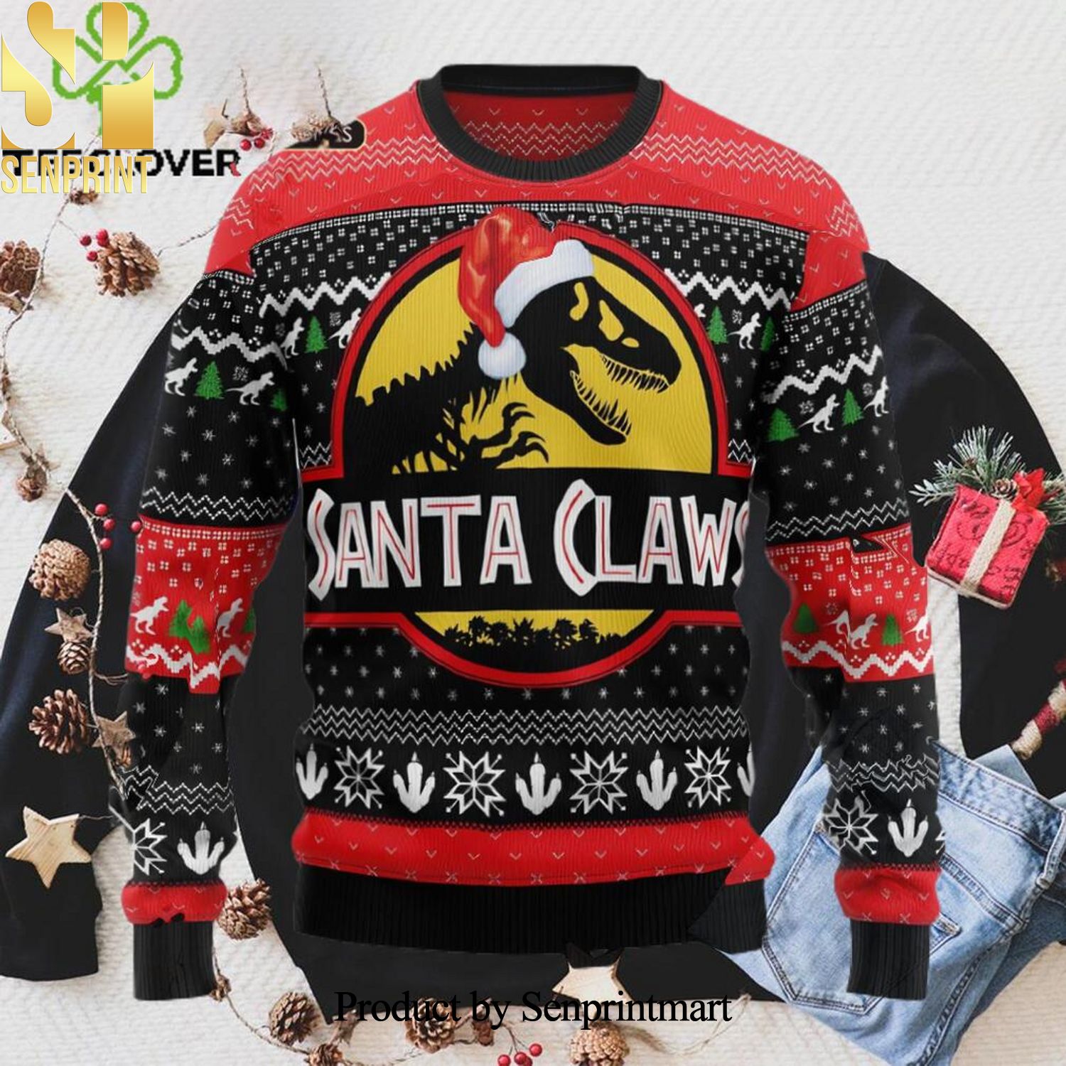 T Rex Santa Claws Christmas Ugly Wool Knitted Sweater