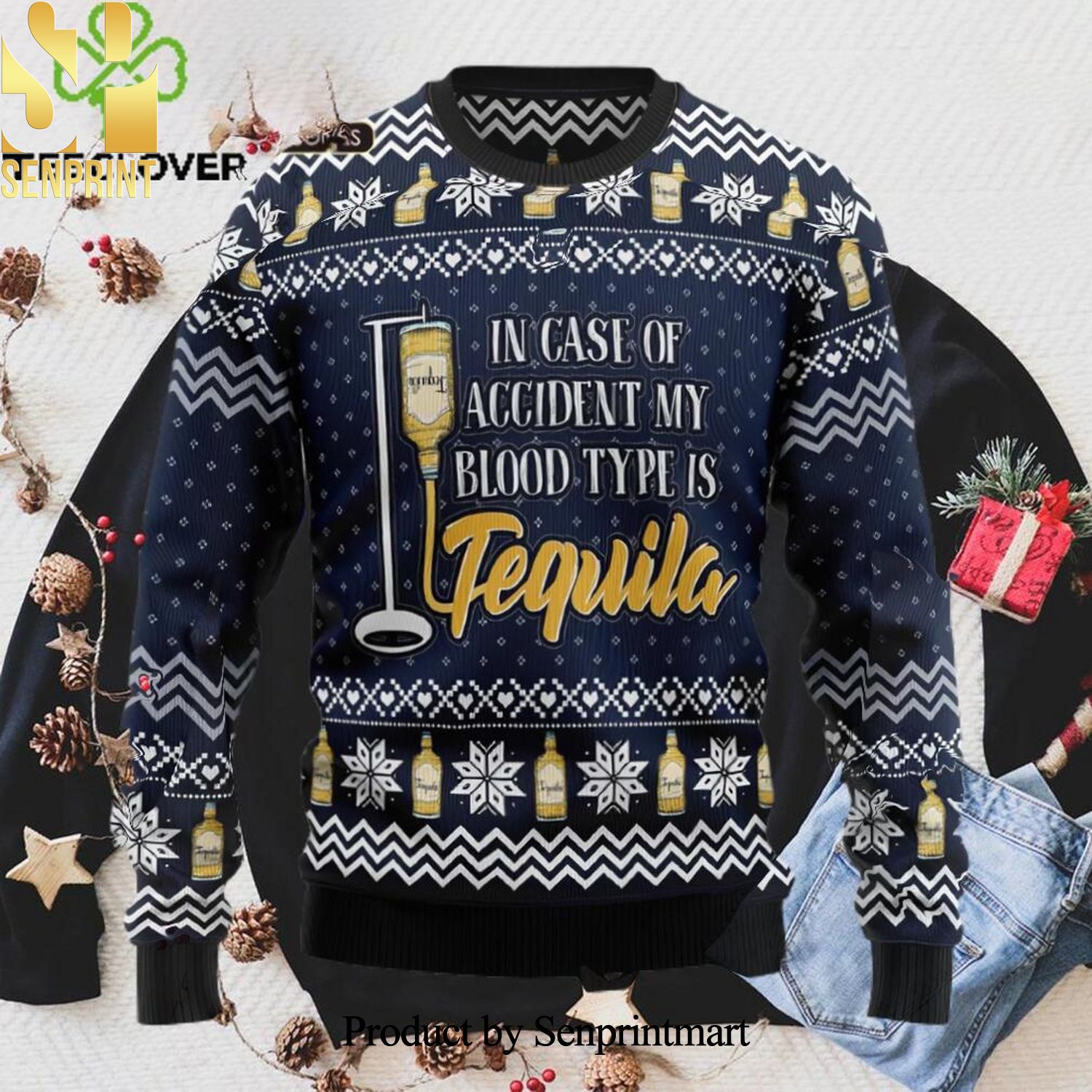 Tequila My Blood Type Knitted Xmas Sweater Ugly Christmas Sweater