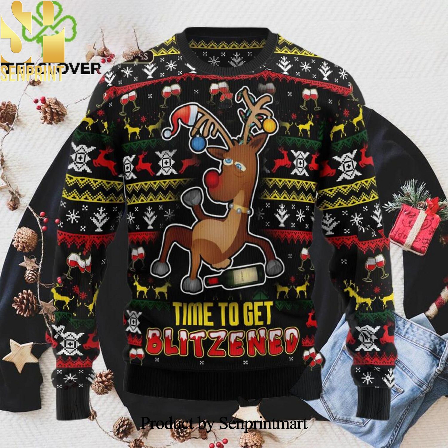 Time To Get Blitzened Xmas Ugly Christmas Wool Knitted Sweater