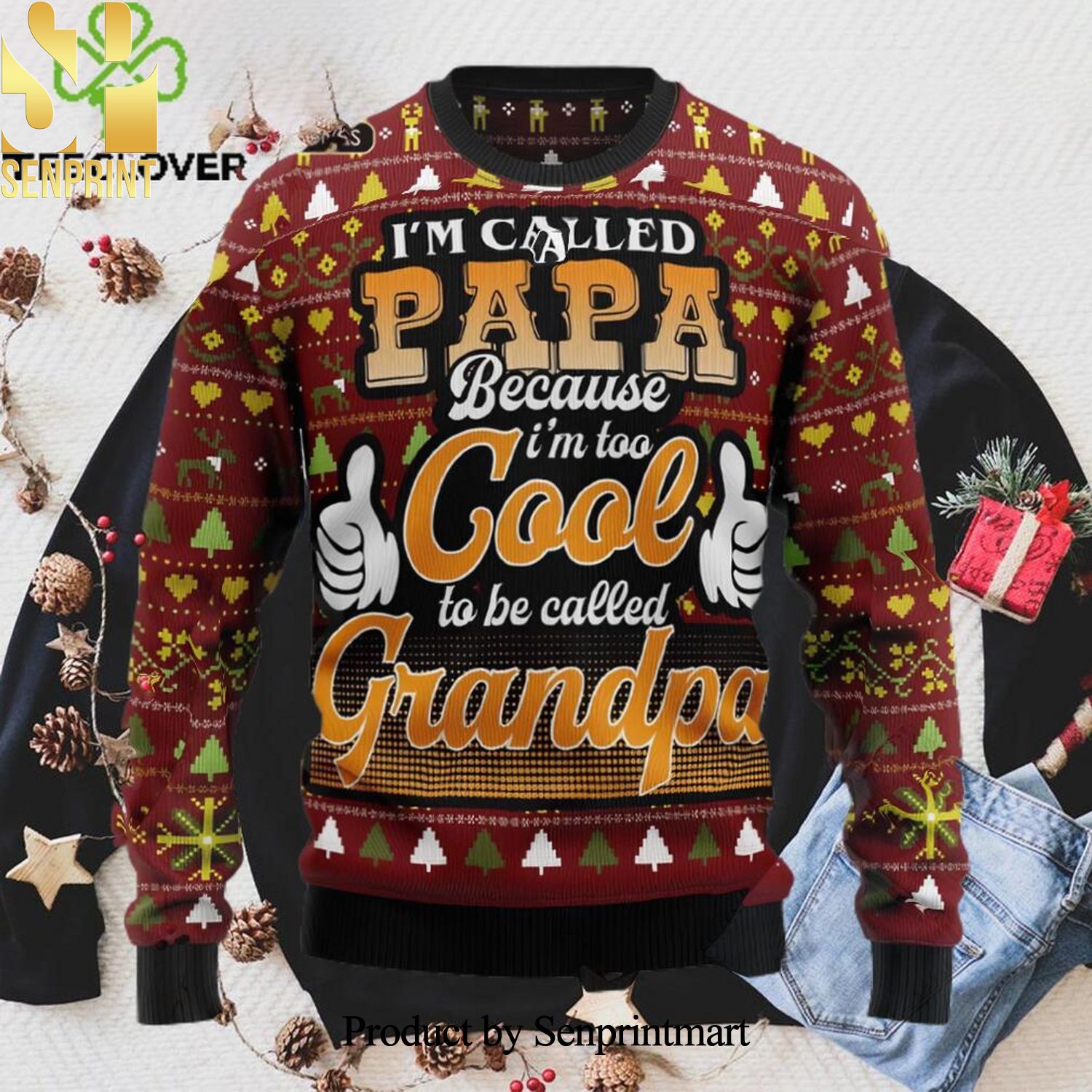 Too Cool To Be Called Grandpa Christmas Ugly Wool Knitted Sweater