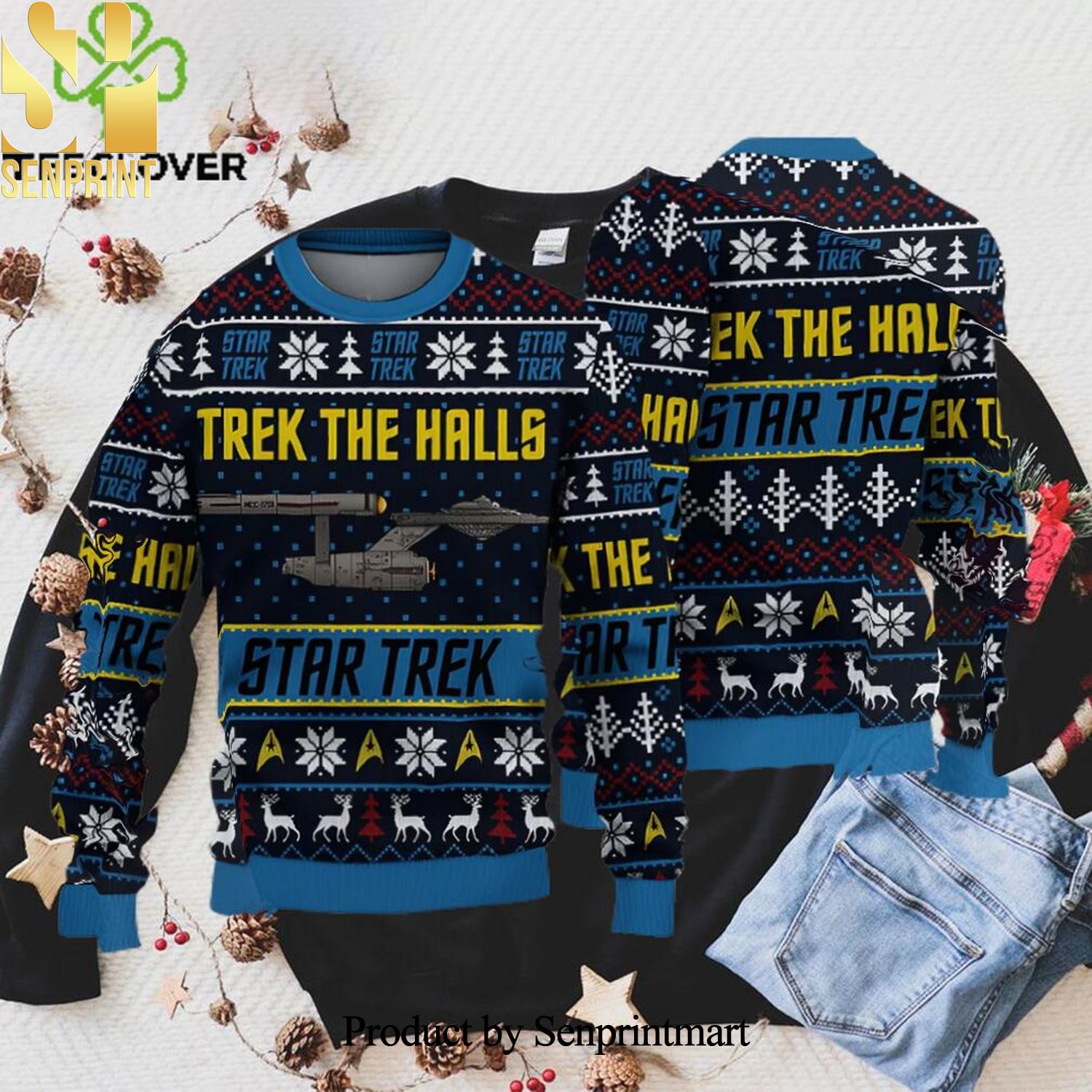 Ugly Trek the Halls Star Trek Ugly Christmas Wool Knitted Sweater