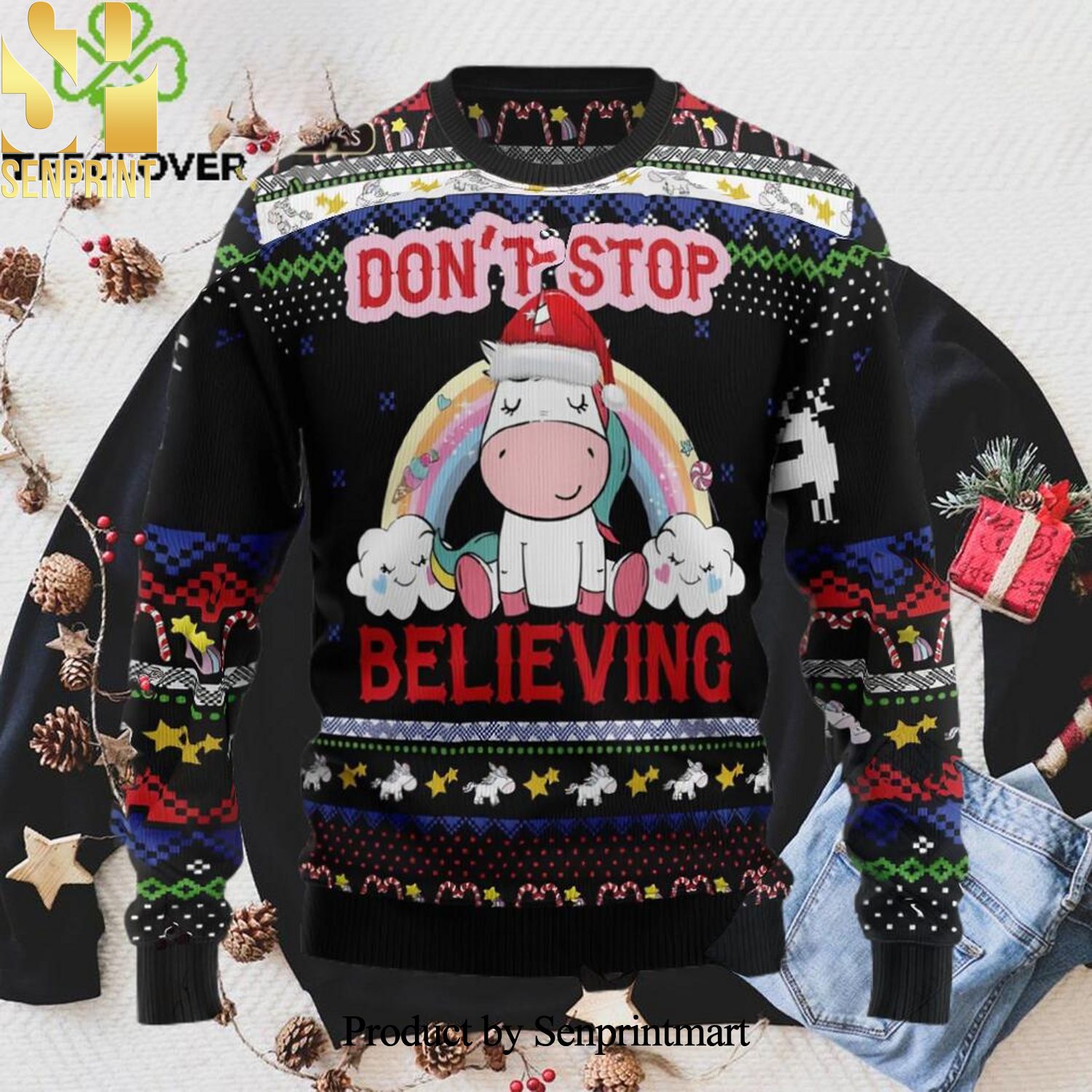Unicorn Dont Stop Believing Xmas Ugly Christmas Wool Knitted Sweater
