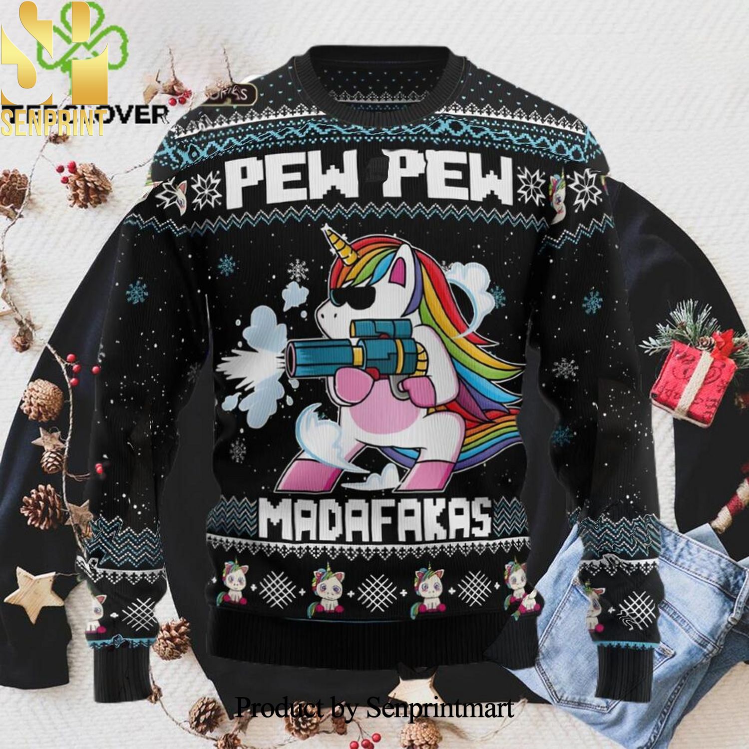 Unicorn Pew Pew Christmas Wool Knitted 3D Sweater
