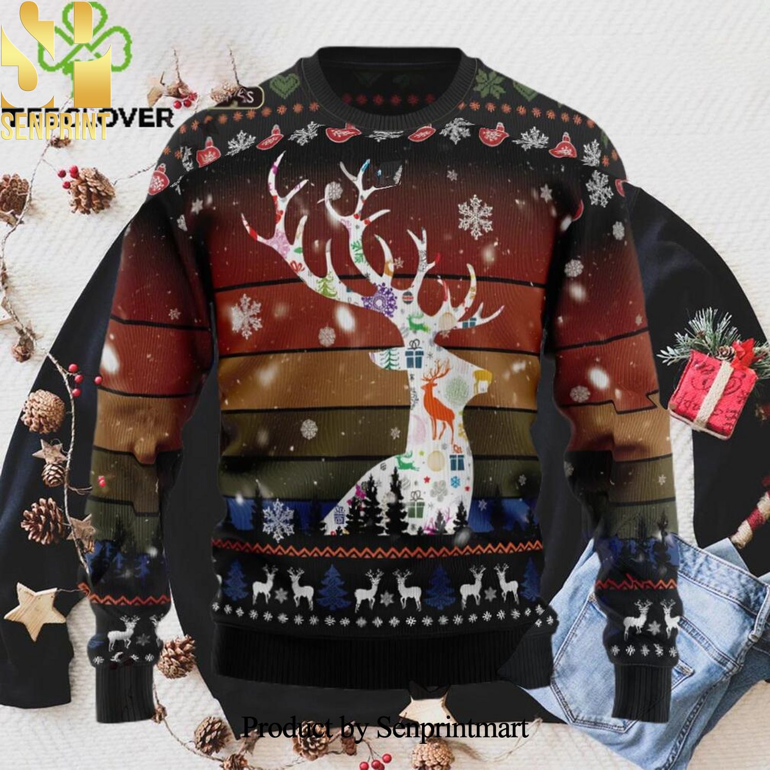 Vintage Background Awesome Deer Xmas Ugly Christmas Sweater