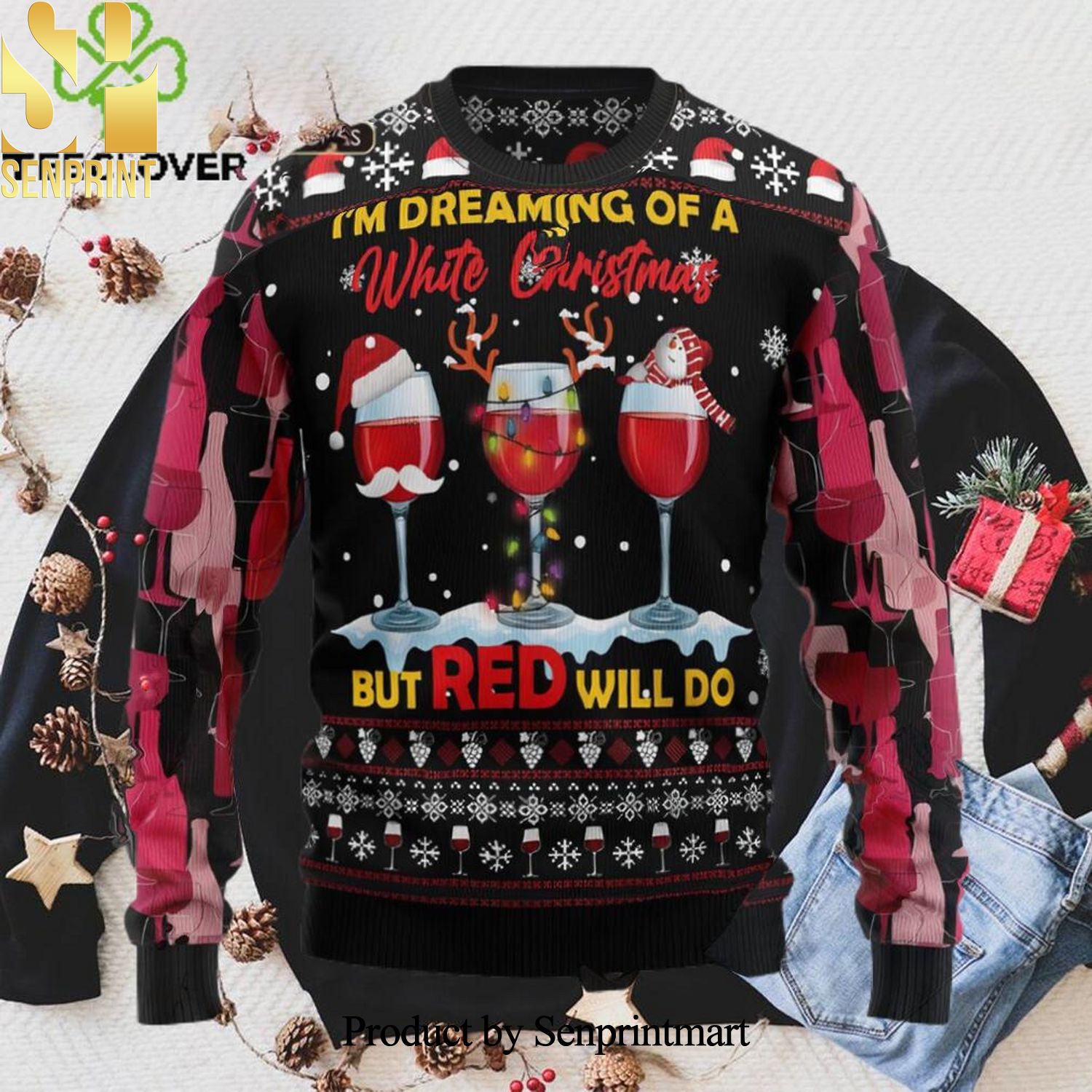 Wine Red Im Deaming of a White Christmas but RED will do Ugly Xmas Wool Knitted Sweater