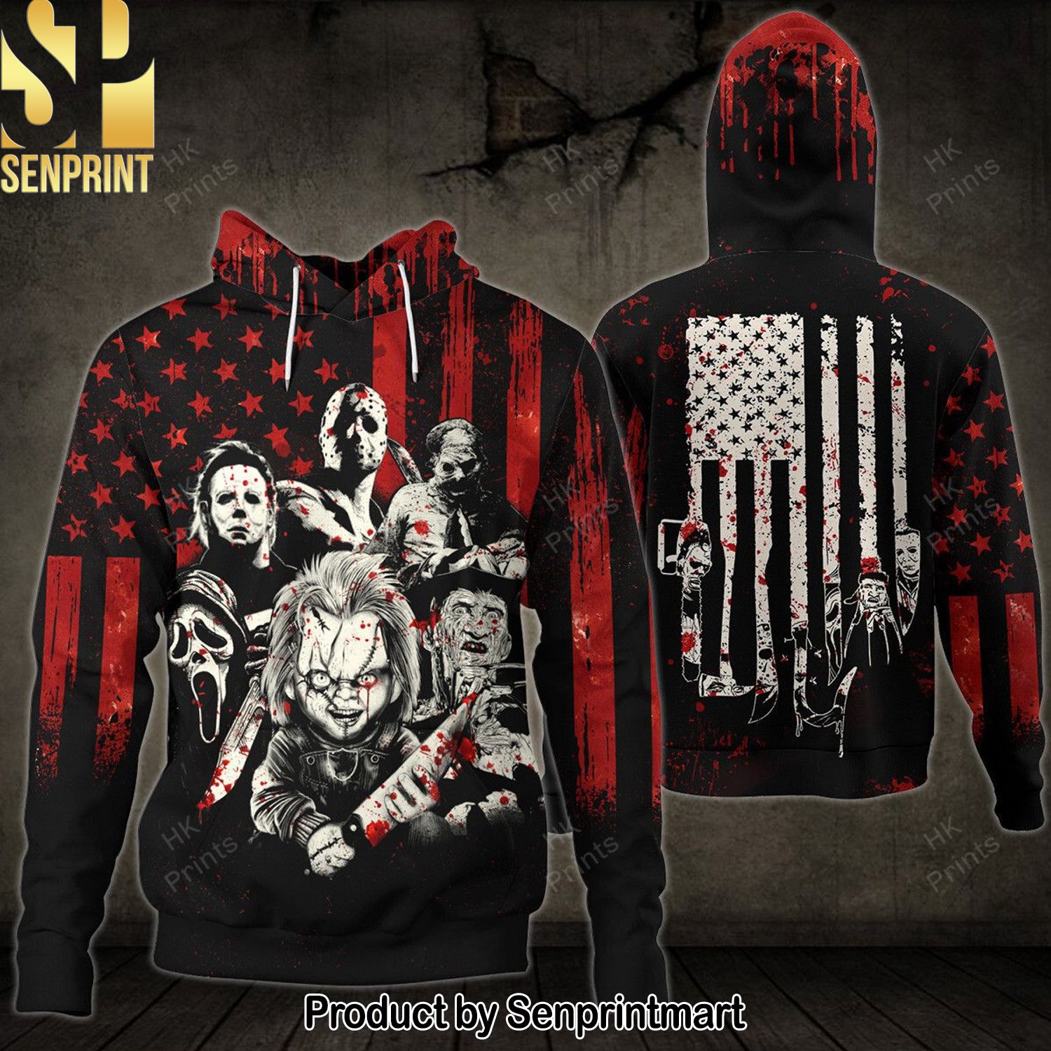 Bloody American Flag Horror Characters 3D Hoodies and Sweatpants