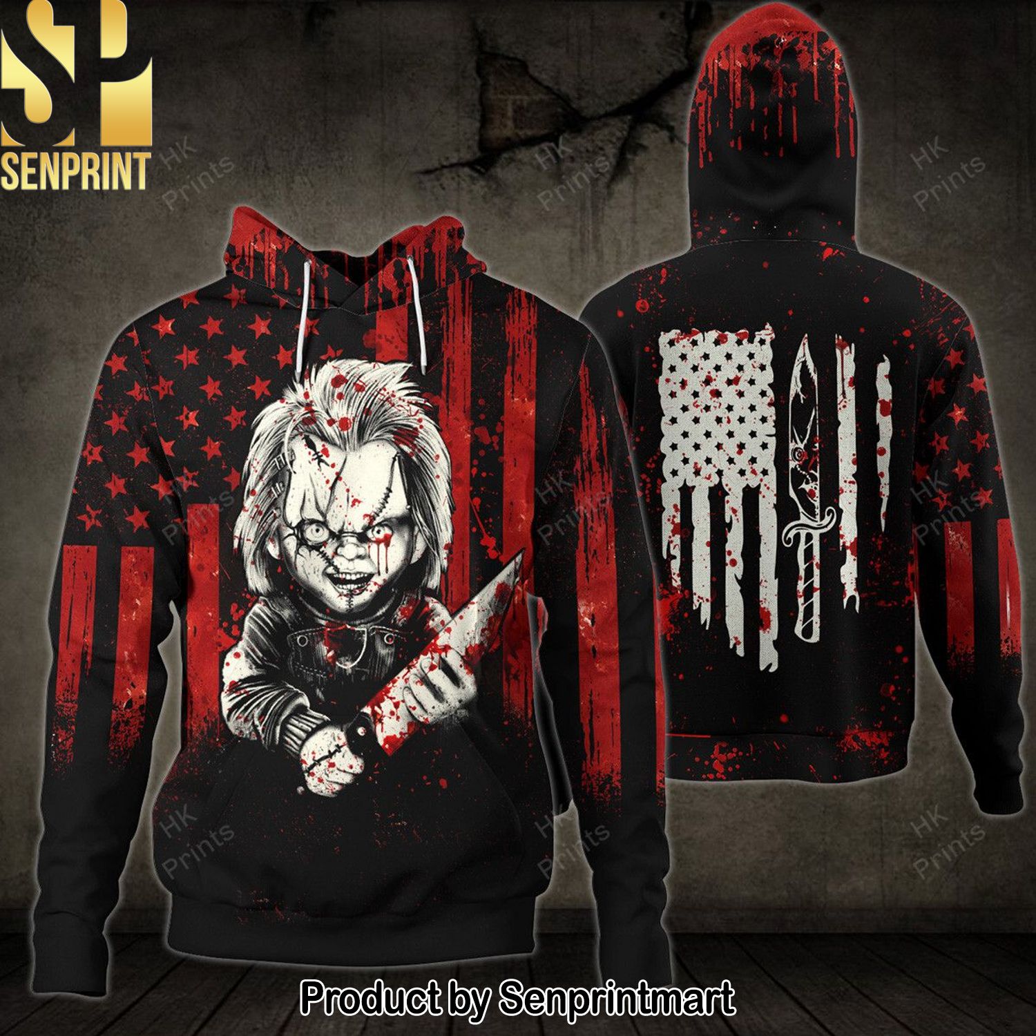 Chucky Bloody American Flag 3D Hoodies and Sweatpants