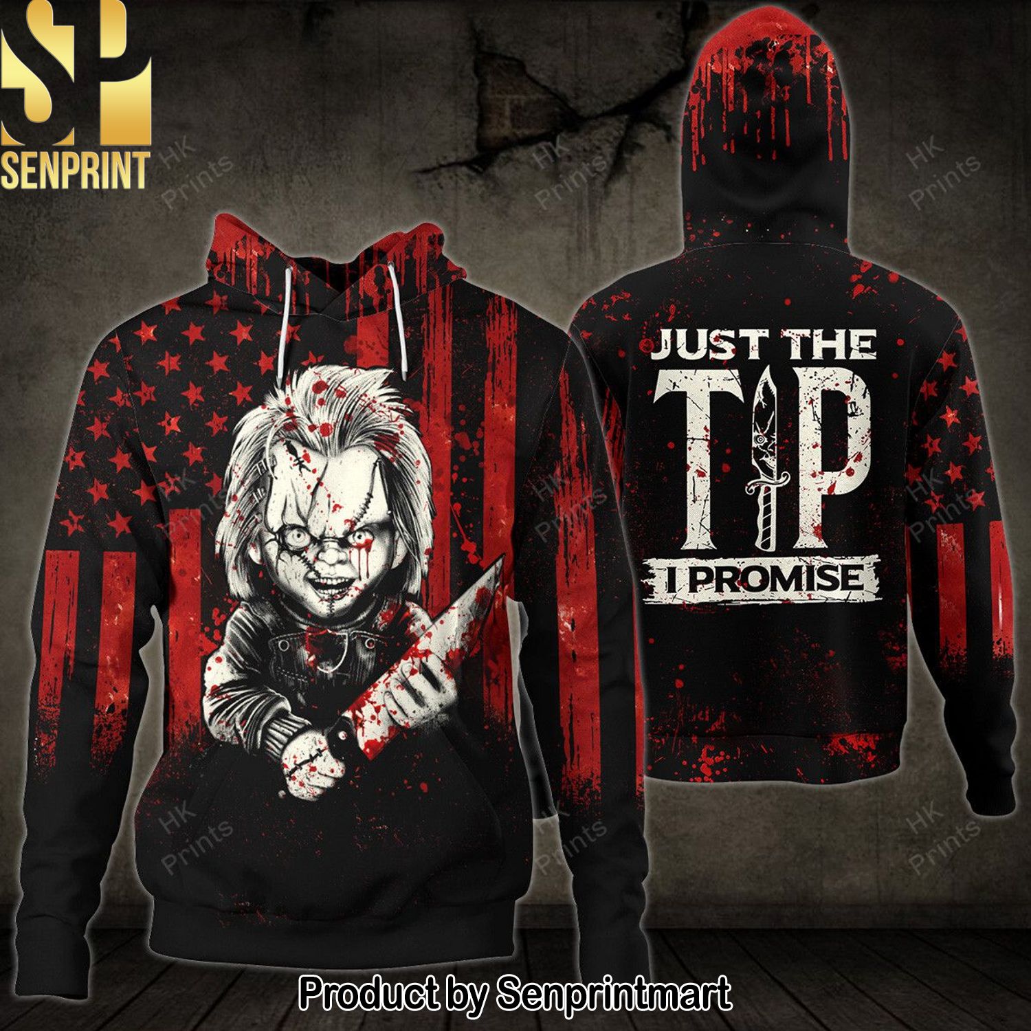 Chucky Bloody American Flag Just The Tip I Promise 3D Hoodies and Sweatpants