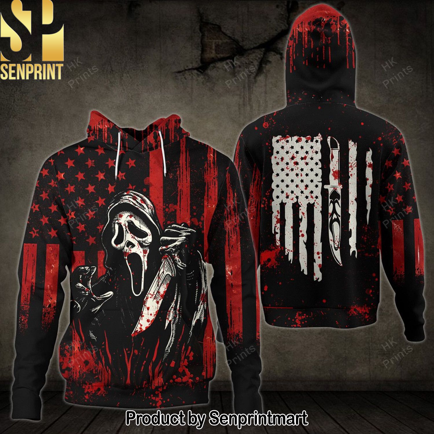 Ghostface Bloody American Flag 3D Hoodies and Sweatpants