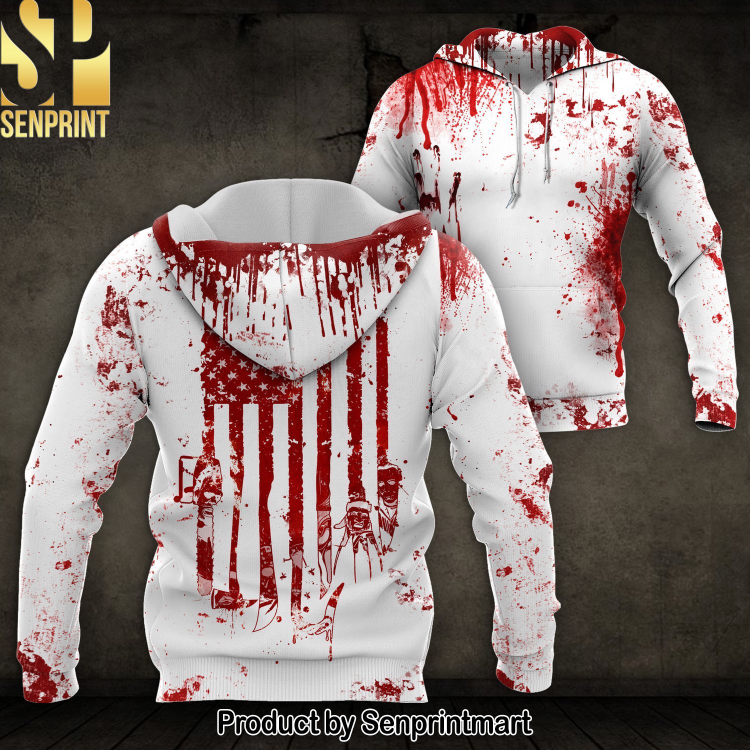 Halloween Horror American Flag Blood Stains Pullover Hoodies and Sweatpants