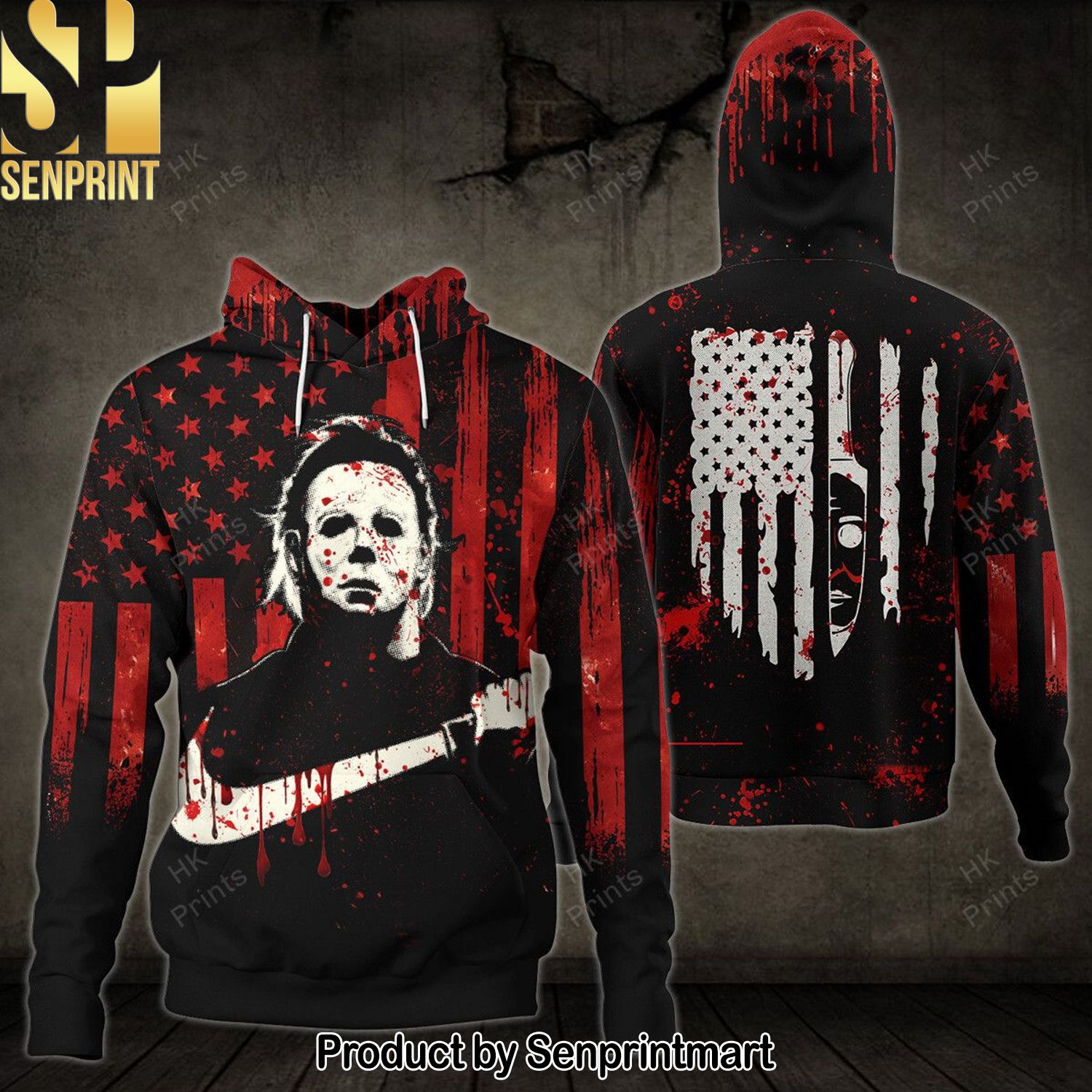 Michael Myers Bloody American Flag 3D Hoodies and Sweatpants