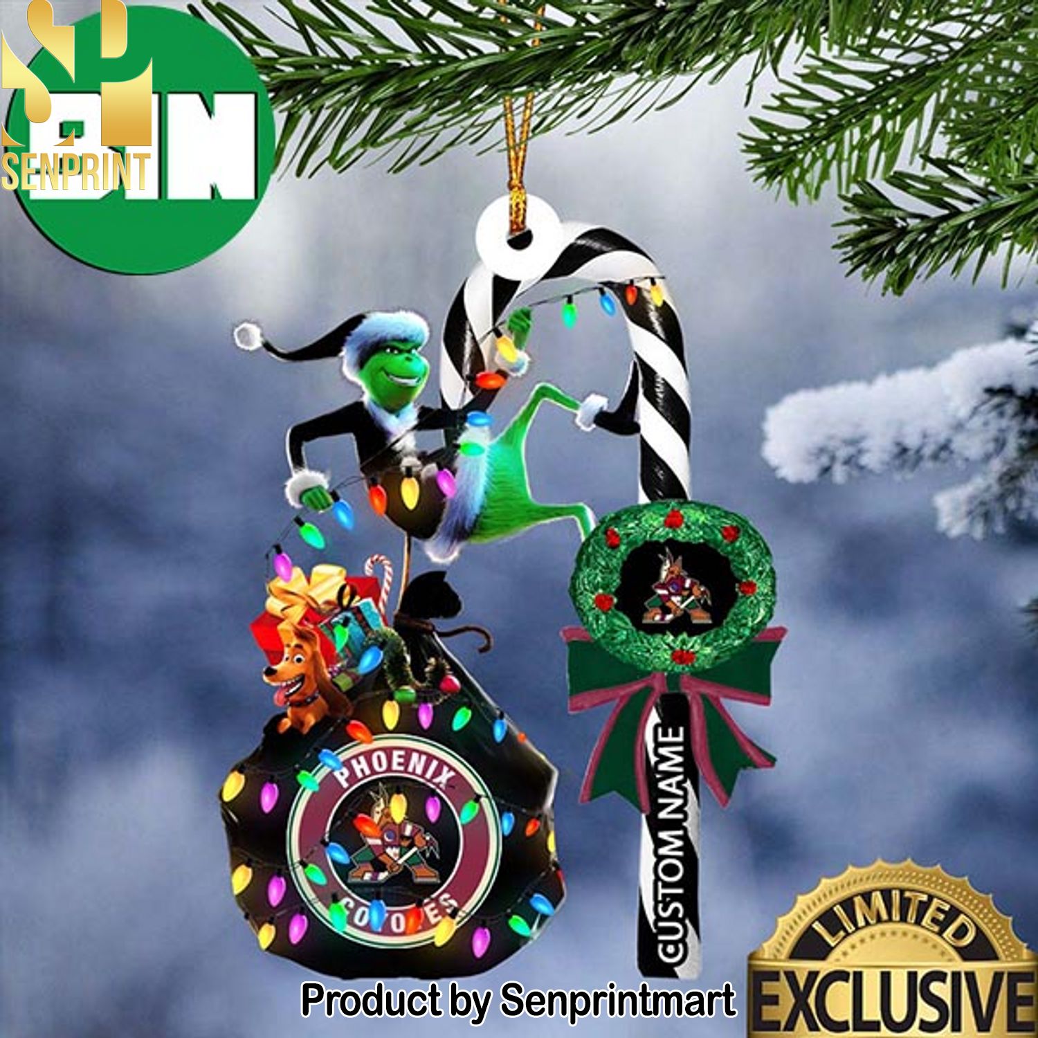 Christmas Gifts Arizona Coyotes NHL Grinch Candy Cane Custom Name Ornament