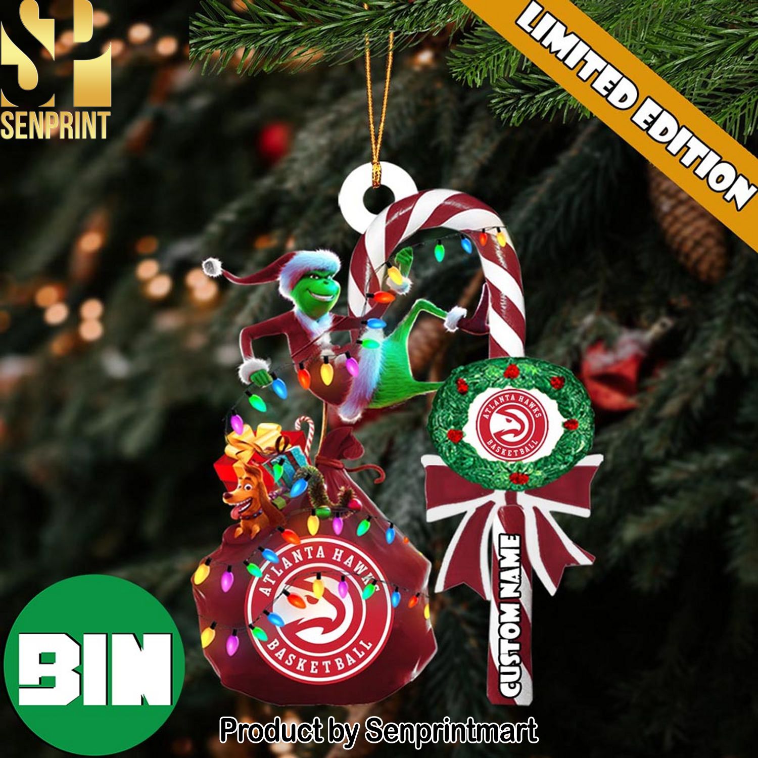 Christmas Gifts Atlanta Hawks NBA Custom Name Grinch Candy Cane Ornament
