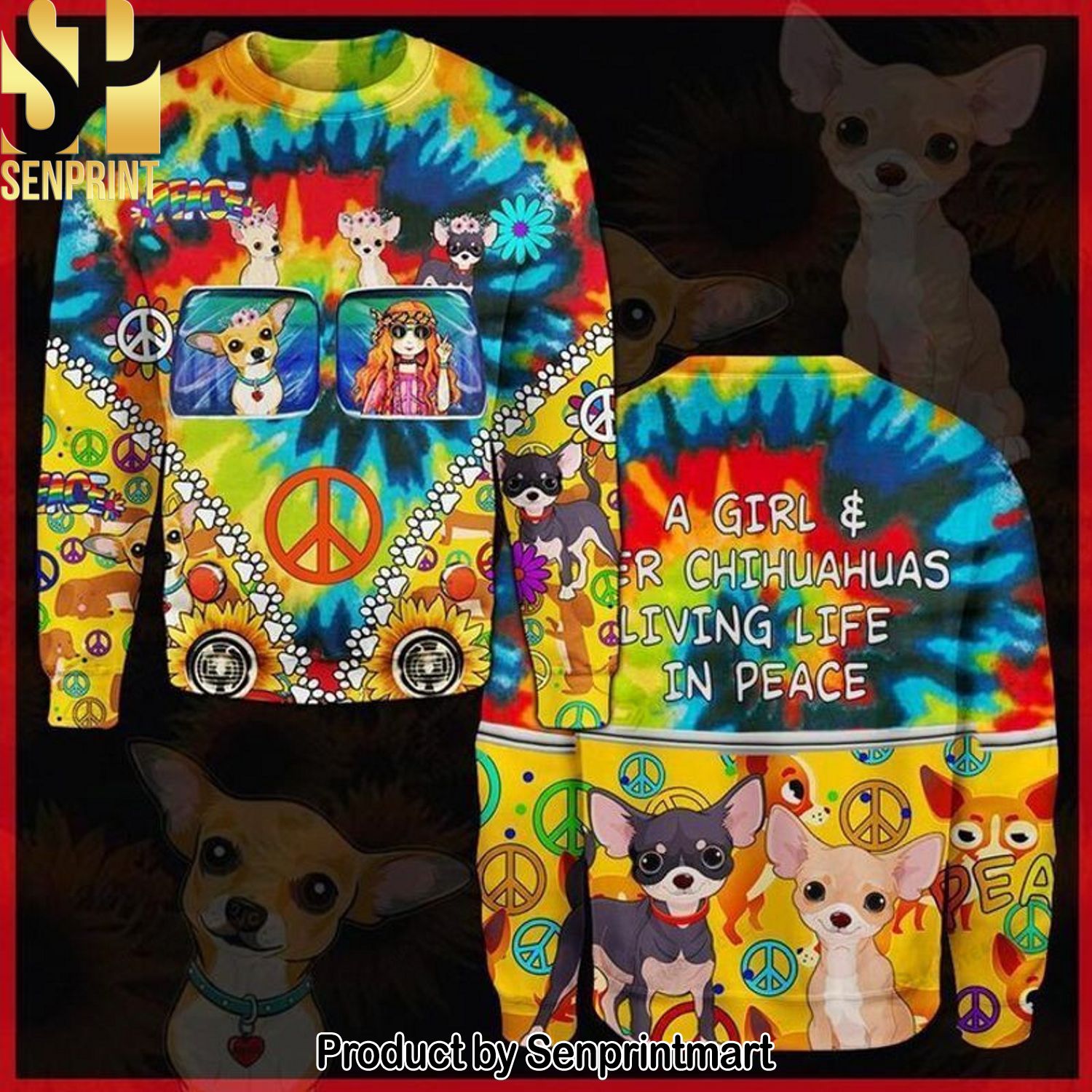 A Girl Her Chihuahua Living Life In Peace Dog Hippie Love Paw For Christmas Gifts Christmas Ugly Wool Knitted Sweater