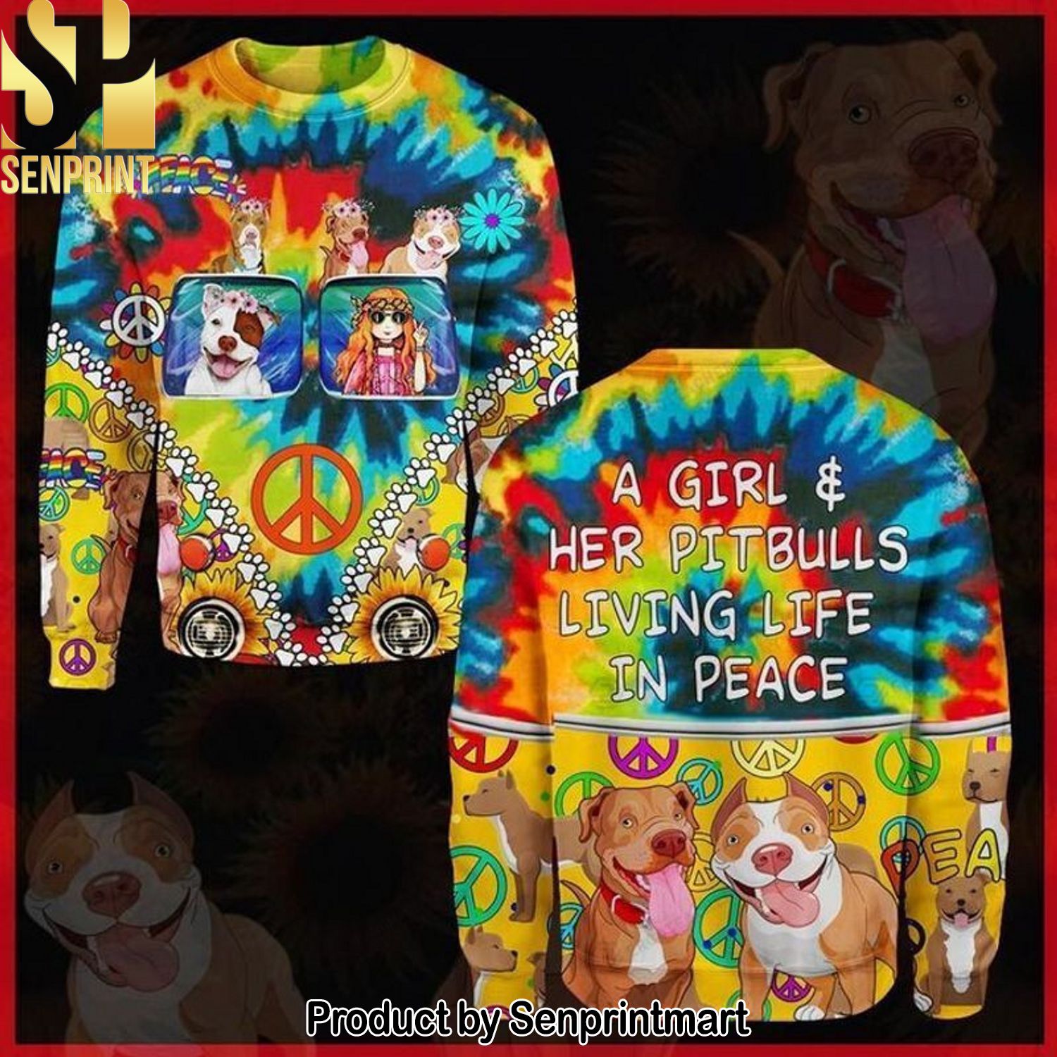 A Girl Her Pitbulls Living Life In Peace Dog Hippie Love Paw Knitting Pattern 3D Print Ugly Sweater