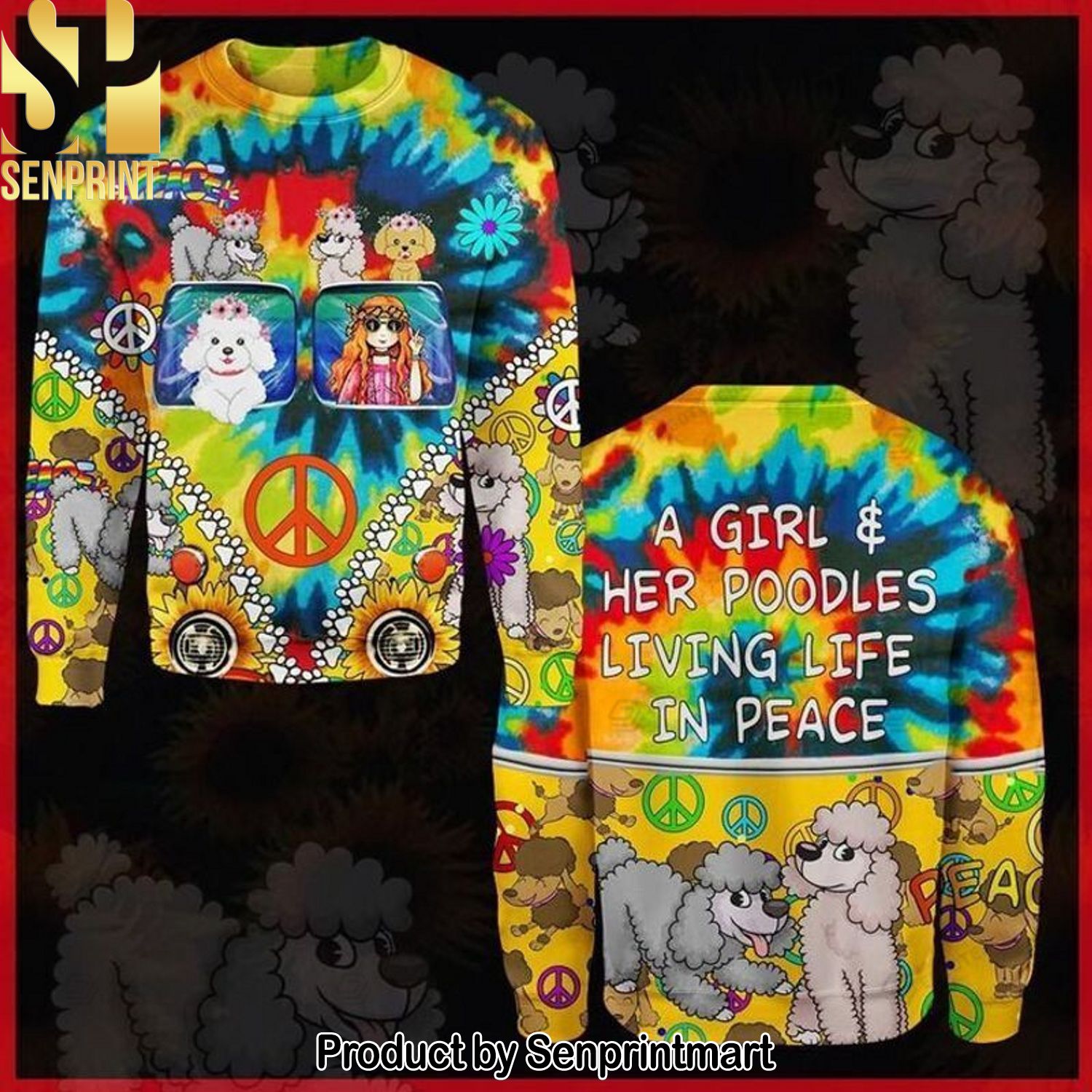 A Girl Her Poodles Living Life In Peace Dog Hippie Love Paw 3D Printed Ugly Christmas Sweater