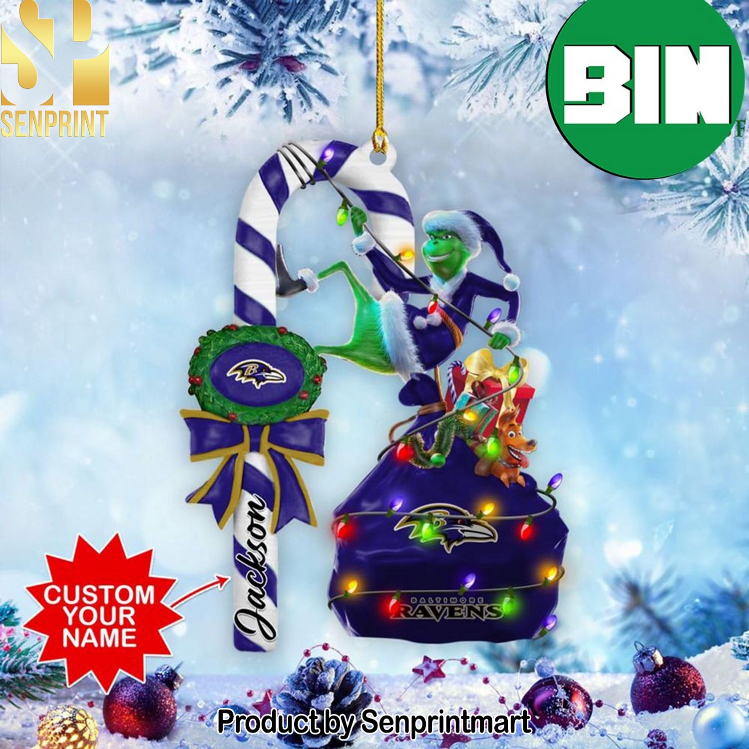 Christmas Gifts Baltimore Ravens NFL x Grinch Tree Custom Name Candy Cane Ornament
