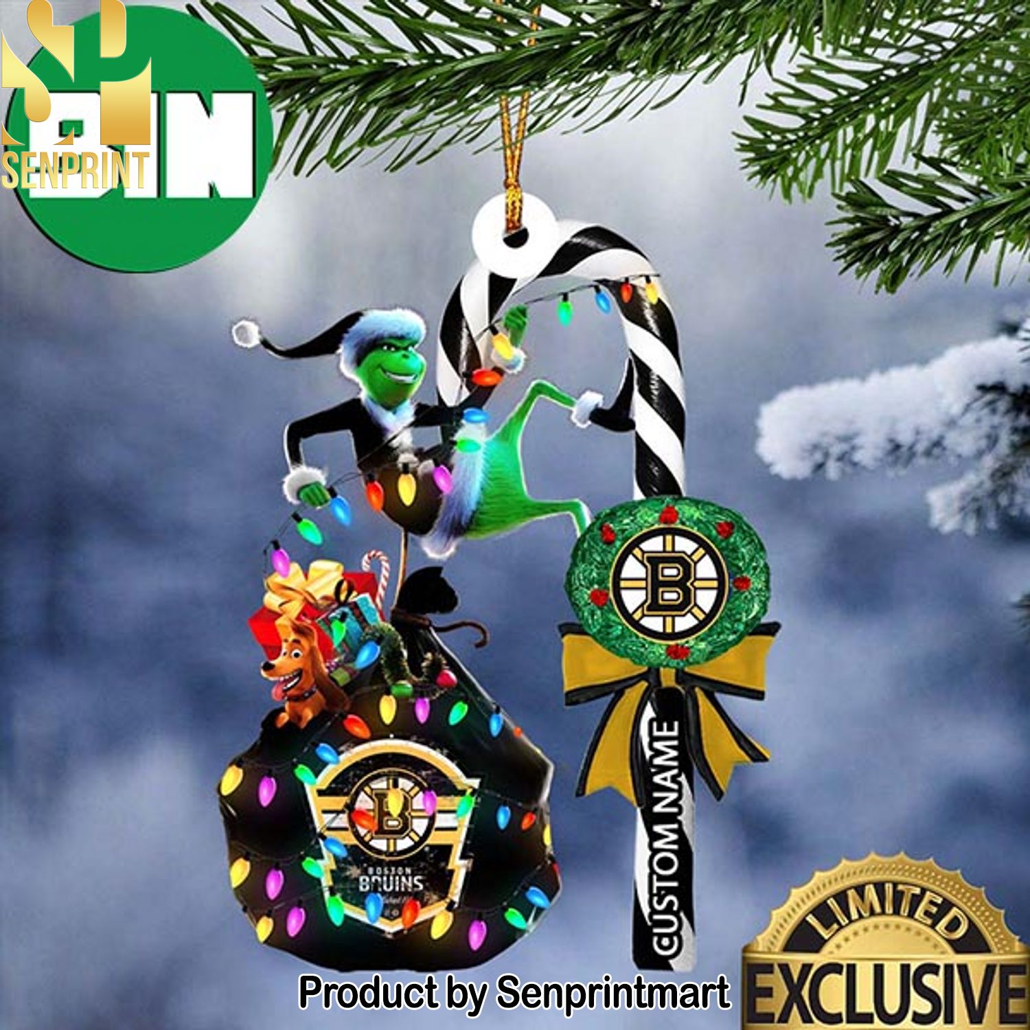 Christmas Gifts Boston Bruins NHL Grinch Candy Cane Custom Name Ornament