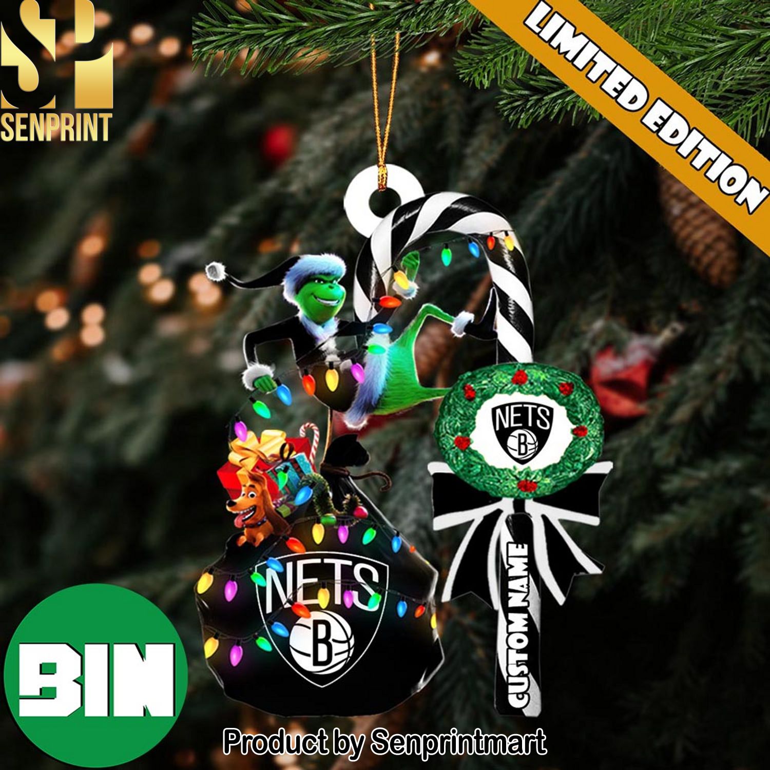 Christmas Gifts Brooklyn Nets NBA Custom Name Grinch Candy Cane Ornament